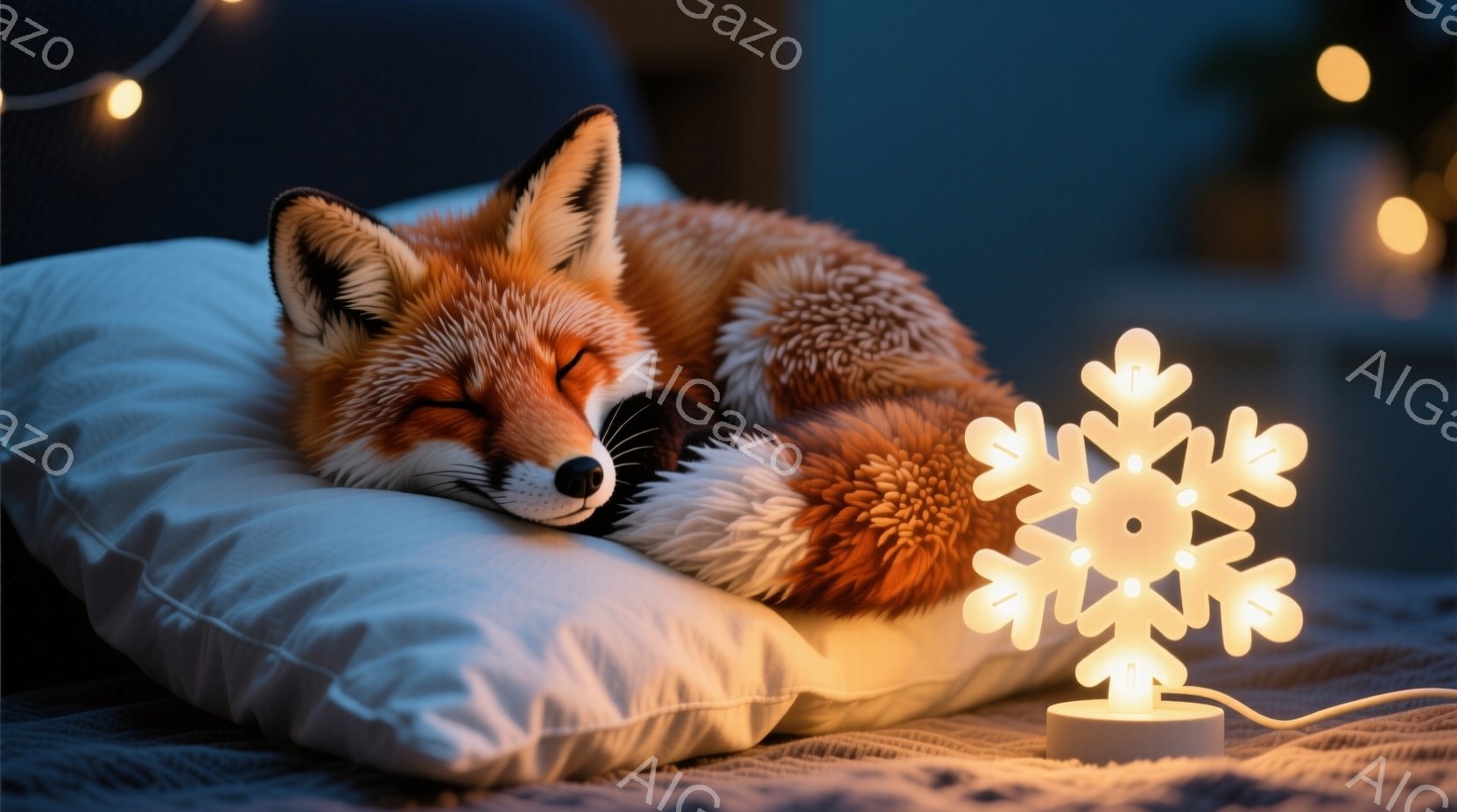 この、赤いキツネコが白い枕子でよろめきながら眠っているところを描いています。キツネコは、目を閉じて、口を閉ざめ、耳を立てた状態であり、顔に赤いインクがつけられており、その中心はほとんど白くなっています。 周囲には、細かく巻きつめられた白い電線がある。それは、キツネコの手元に照らされており、一方では、背景として暗い空間があります。 整体的な印象は、穏やかで静かな夜の場面を表しているように思われます。