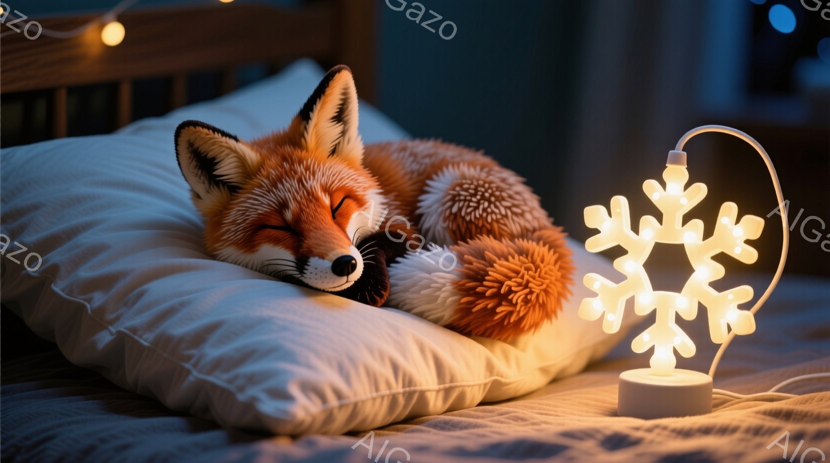 明るい白色の枕の上に、オレンジと白の毛並みを持つ狐が横たわって眠っています。背景にはシーツが敷かれ、ぼんやりとした光の中で、雪の結晶型のライトが枕元で静かに光っています。全体的に、暖かく穏やかな眠りの - AI生成フリー素材