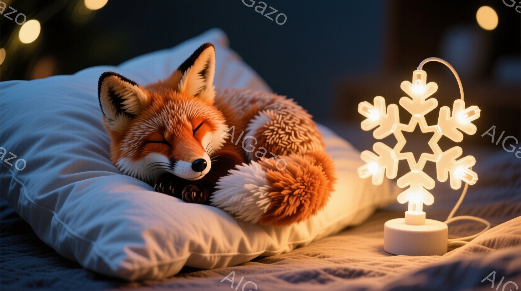 白い枕の上で、赤褐色のキツネが丸まって眠っています。背景にはぼんやりとしたベッドリネンと、温かい光を放つ雪の結晶型のライトが見え、全体的に穏やかでリラックスした雰囲気です。キツネの毛並みは非常に細かく、ふんわりとした印象を与えます。