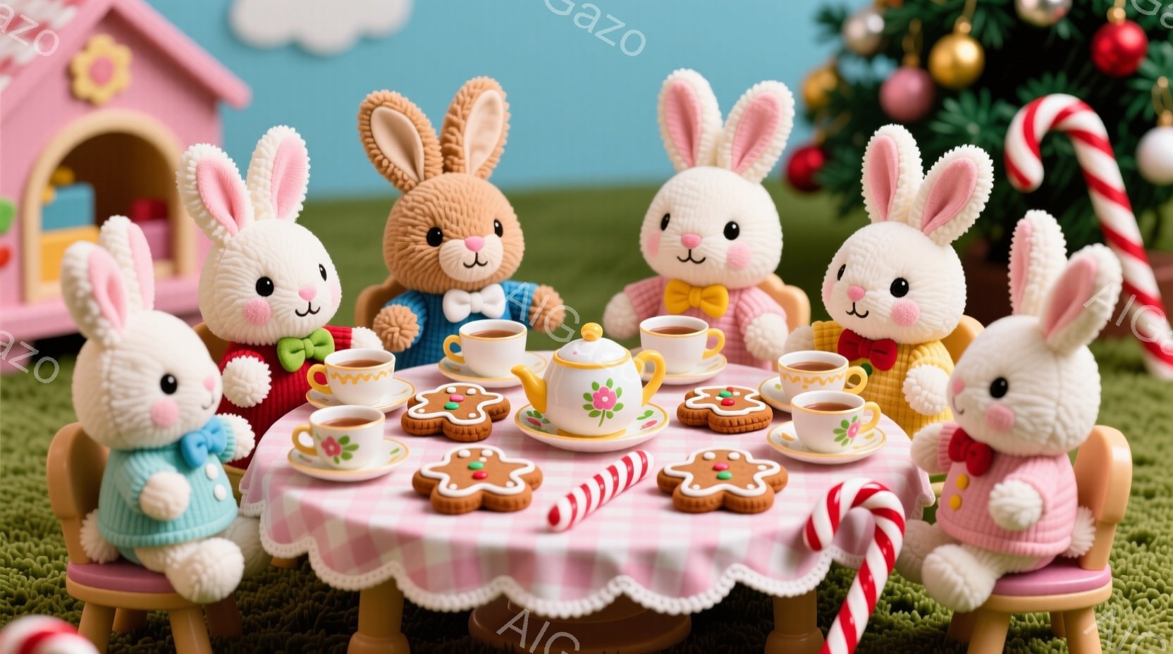 鮮やかな緑の芝生の上で、ウサギの家族がピンク色のテーブルを囲んでティーパーティーを楽しんでいます。ウサギたちはそれぞれ異なる色のセーターを着ており、正面を向いて楽しそうな表情をしています。背景には、クリスマスの装飾と小さな家があり、全体的に温かく、お祝いムードに満ちた雰囲気です。