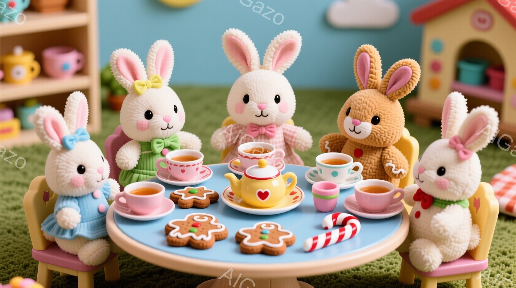 緑のカーペットの上に、ピンク色の小さなテーブルを囲んで、ウサギの人形がティーパーティーを楽しんでいます。各ウサギは異なる色の可愛らしいドレスを着ており、それぞれがティーカップやクッキーに手を伸ばしています。背景には、おもちゃの家と棚が見え、全体的に暖かく、おとぎ話のような雰囲気を醸し出しています。