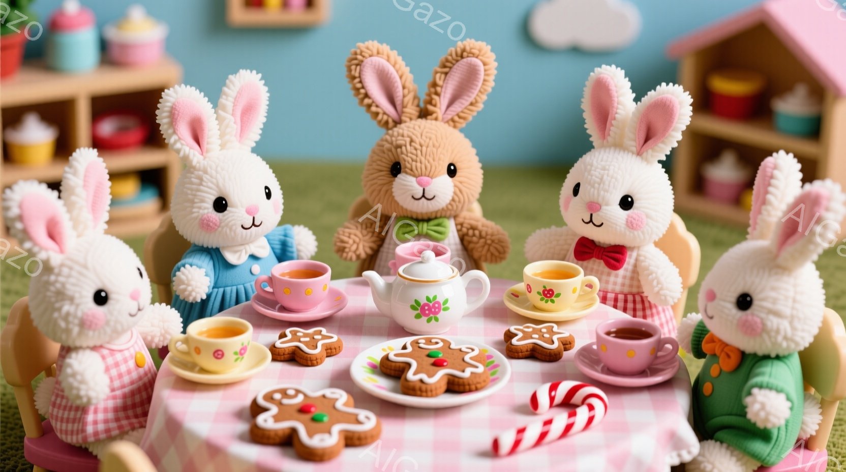 暖炉と棚が背景に見える、ピンク色のチェック柄のテーブルを囲んで、ふわふわのウサギの人形たちがティーパーティーを楽しんでいます。それぞれ異なる色のセーターとリボンをつけ、可愛らしい表情でティーカップとクッキーを見つめています。全体的に温かく、ほのぼのとしたクリスマスの雰囲気が漂っています。