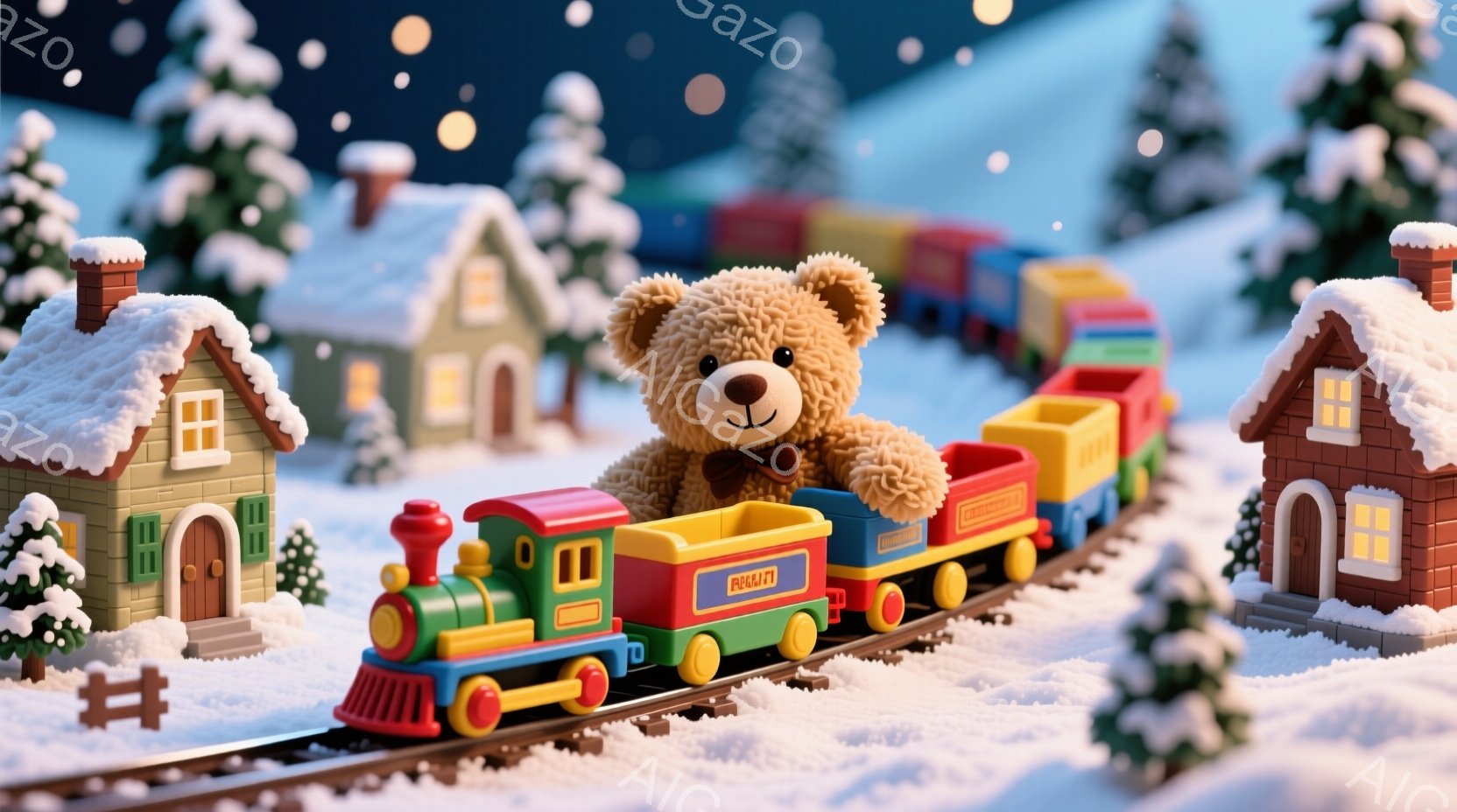 暖炉のようなパステルカラーの建物が雪景色の中に並び、その間をカラフルな列車が走っています。列車の先頭には、茶色のクマのぬいぐるみがあり、赤い蝶ネクタイをつけて楽しそうにしています。背景には雪をまとった - AI生成フリー素材