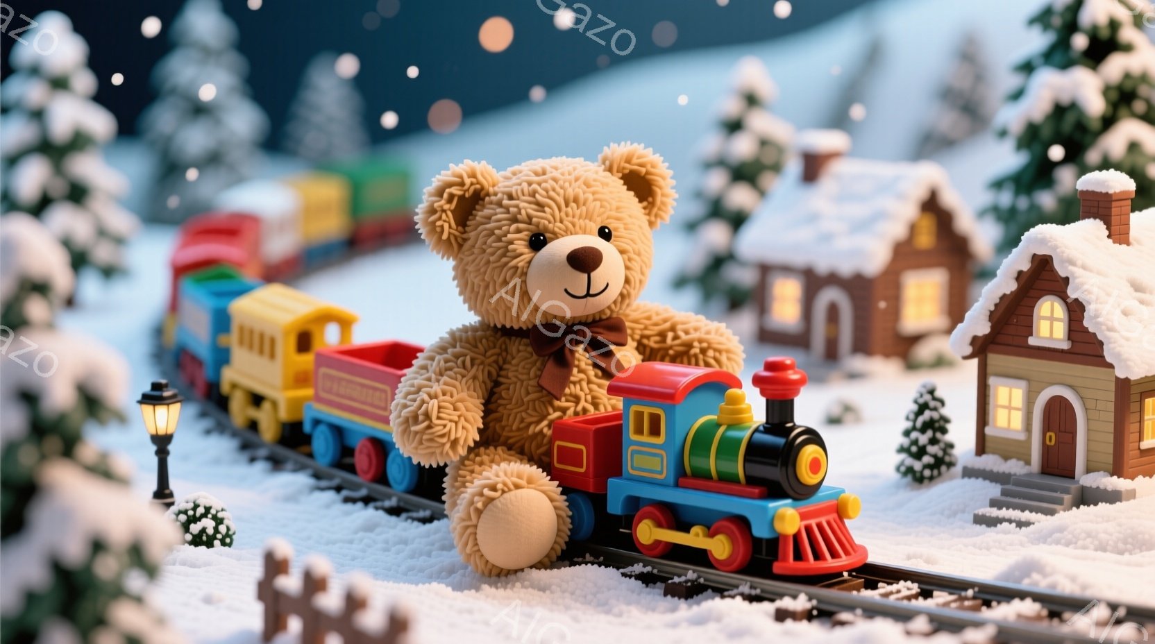 ふわふわの茶色のテディベアが、赤い蒸気機関車の運転席に座って楽しそうに微笑んでいます。背景には雪に覆われた小さな家々や木々が並び、雪が舞う幻想的な冬の風景が広がっています。全体的に暖かく、おとぎ話のよ - AI生成フリー素材