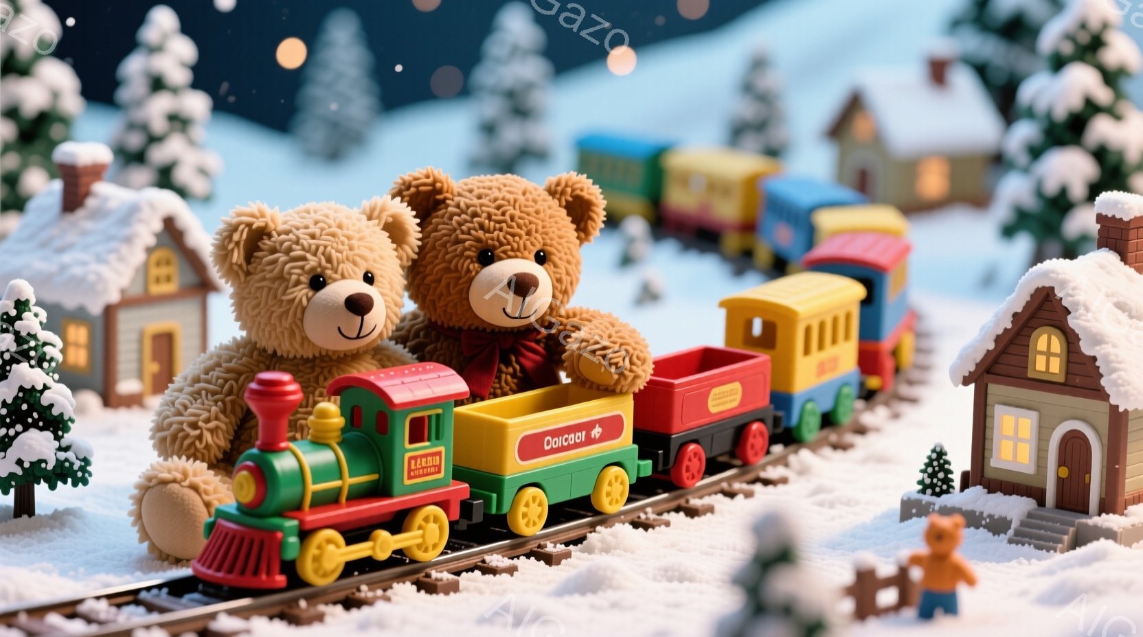 雪景色の中に、カラフルなプラレールが走っています。可愛らしいテディベアが2匹、列車のそばに寄り添い、楽しそうにこちらを見ています。背景には、雪を頂いた可愛らしい家々やクリスマスツリーが並び、温かく幻想 - AI生成フリー素材