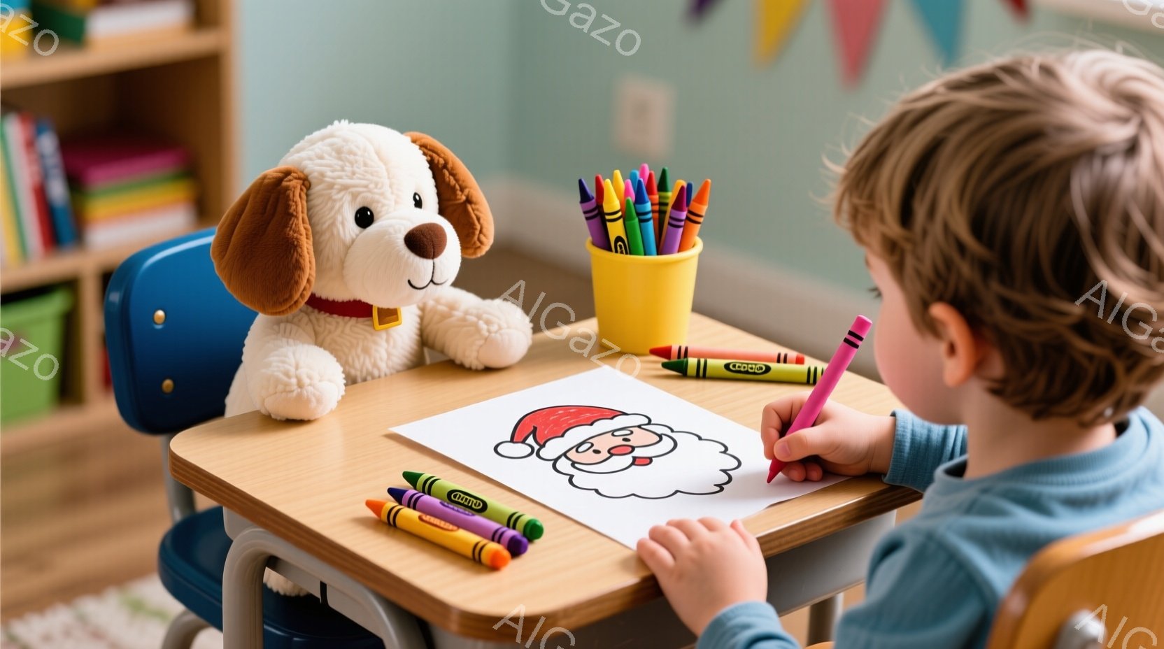 一人の少年が、小さなテーブルに向かって座ってクレヨンで絵を描いています。少年は青いセーターを着ており、後ろ髪は少し長めです。テーブルの上には可愛らしい犬のぬいぐるみと様々な色のクレヨンが置かれ、背景には本棚が見えます。