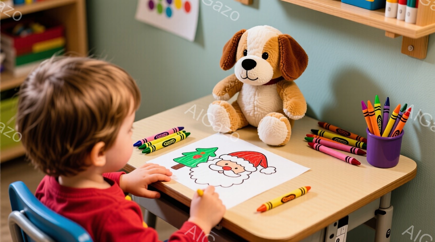 赤毛の少年が、テーブルに向かって着色に集中しています。テーブルの上には、クリスマスの絵の着色ページと、様々な色のクレヨン、そしてふわふわの犬のぬいぐるみがあります。背景には、明るい色の棚と壁があり、室内は暖かく、クリエイティブな雰囲気が漂っています。