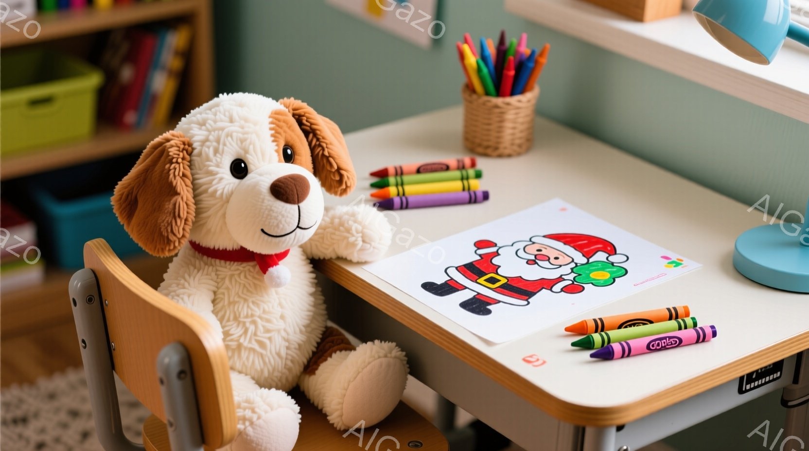 明るい色の子供用テーブルの上に、ふわふわの茶色の犬のぬいぐるみと、サンタクロースの塗り絵が置かれています。テーブルの周りには色鉛筆が散らばり、背景には本棚が見え、暖かく居心地の良い雰囲気です。ぬいぐるみは赤いリボンを首に巻き、可愛らしい表情をしています。