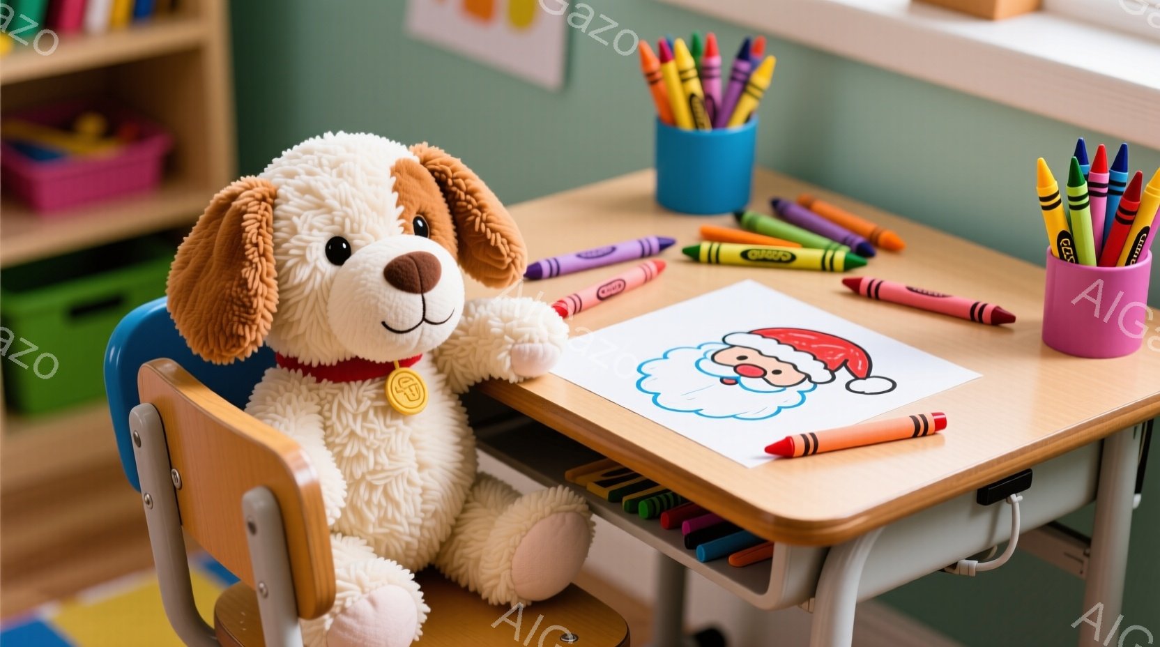 小さな子供用の机の上に、ふわふわの茶色い犬のぬいぐるみとクレヨン、そしてサンタクロースの線画が置かれています。ぬいぐるみは赤いバンダナを首に巻き、机の椅子に座っているように見えます。背景には、おもちゃや絵本が収納された棚が見え、明るく温かい雰囲気です。