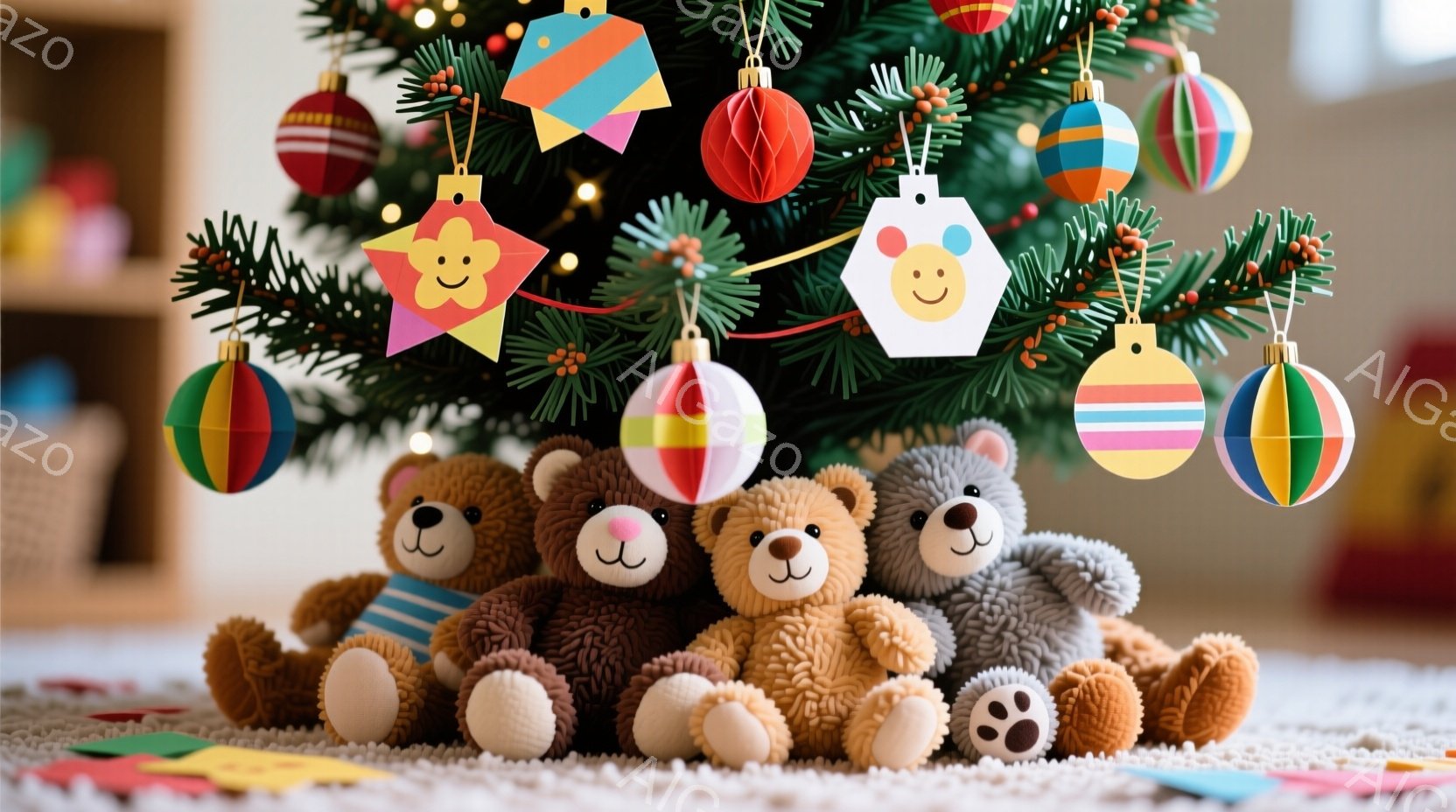 クリスマスツリーの下には、可愛らしいテディベアたちが寄り添って座っています。ベアたちはそれぞれ異なる毛色で、一部はセーターを着ています。背景にはぼやけた室内の様子が見え、温かく、ほっこりとしたクリスマ - AI生成フリー素材