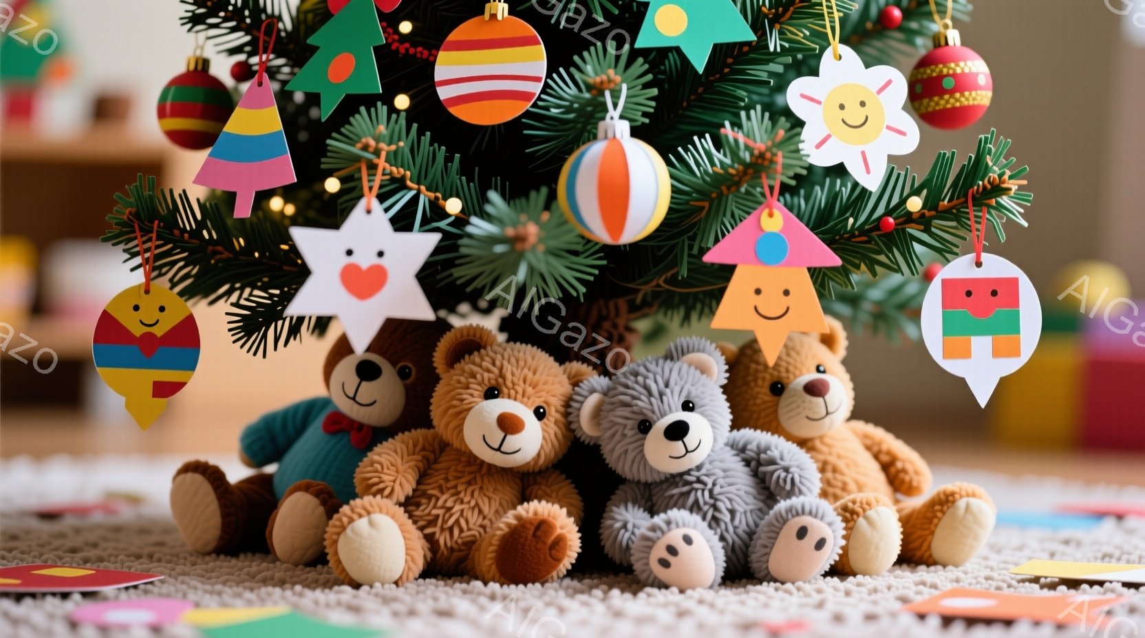 クリスマスツリーの下には、茶色と灰色の３匹のテディベアが座っています。一番左のベアは赤いスカーフを巻いており、他の２匹はシンプルなデザインです。背景にはカラフルなオーナメントが飾られた緑のクリスマスツ - AI生成フリー素材