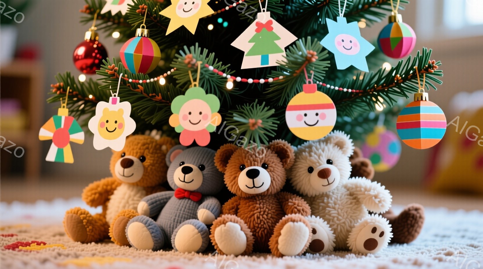 クリスマスツリーの下には、四匹のテディベアが並んで座っています。一番左のベアはクリーム色で、真ん中の二匹は茶色、一番右は白っぽいベージュ色をしており、それぞれ可愛らしい表情をしています。背景には、カラ - AI生成フリー素材