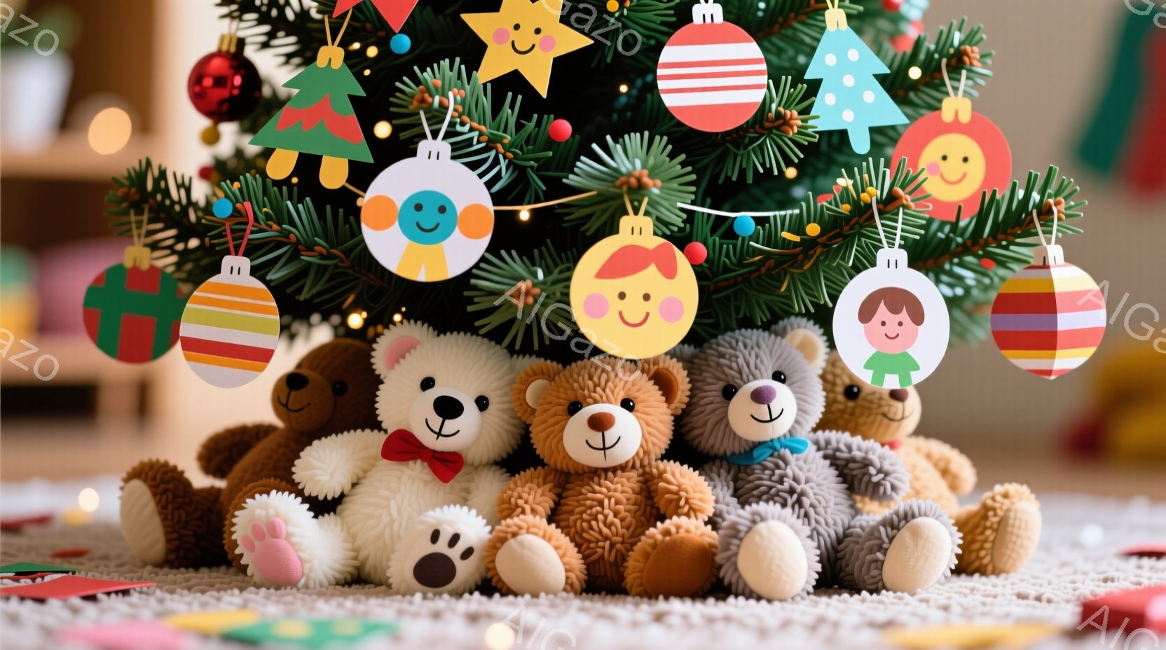 クリスマスツリーの下には、様々な色のテディベアが寄り添って座っています。それぞれのベアは異なる毛色と表情を持ち、一部は赤いリボンを首に巻いています。背景にはぼやけたクリスマスツリーが見え、全体的に暖か - AI生成フリー素材