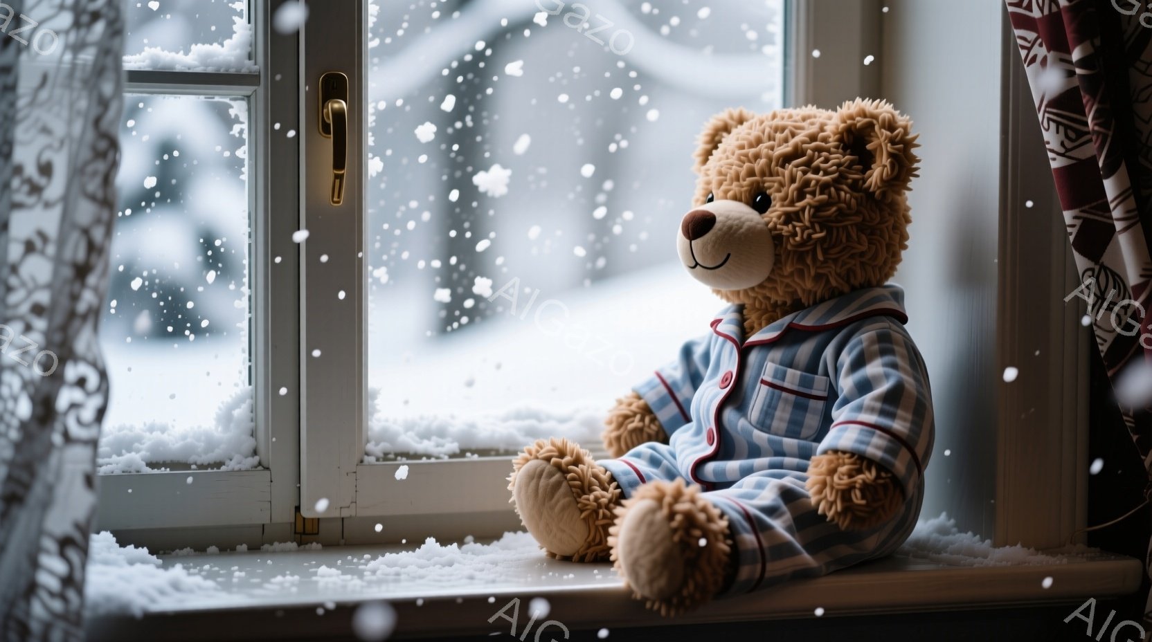白い窓辺に、茶色のテディベアが青い縞模様のパジャマを着て座っています。ベアはリラックスした表情で、冬の雪景色を物憂げに見つめています。窓の外は雪が降り積もり、白い景色が広がり、室内とのコントラストが温 - AI生成フリー素材
