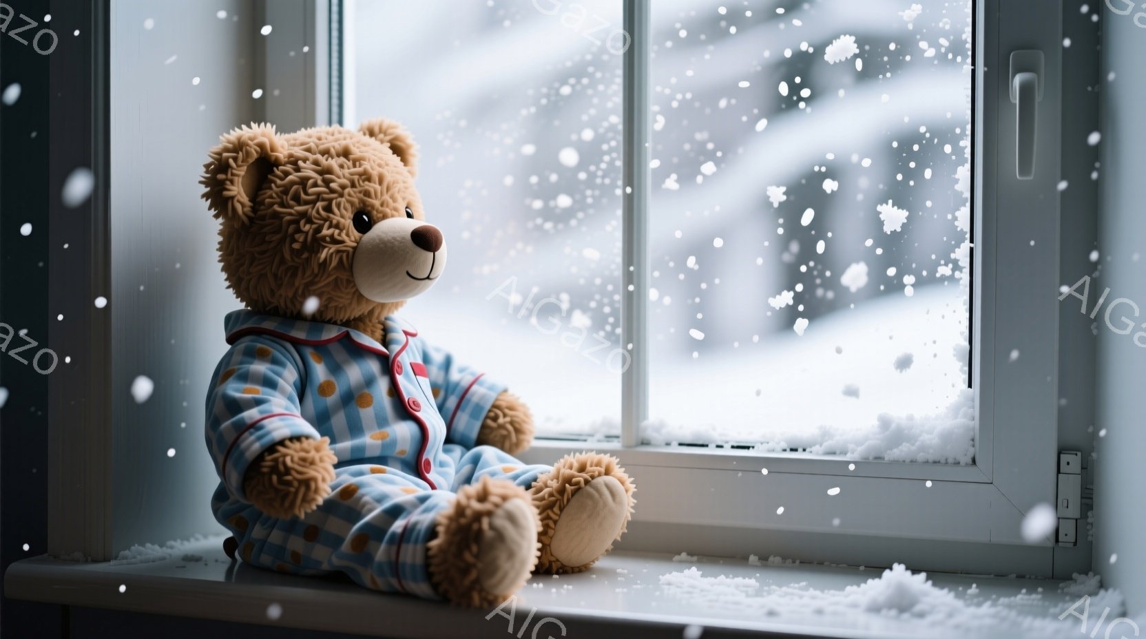 茶色のテディベアが、青いチェック柄のパジャマを着て、窓枠に座っています。外は雪が降り積もり、白い景色が広がっており、暖かさと静けさの雰囲気が漂います。ベアは少し寂しげな表情で外を眺めているように見えま - AI生成フリー素材