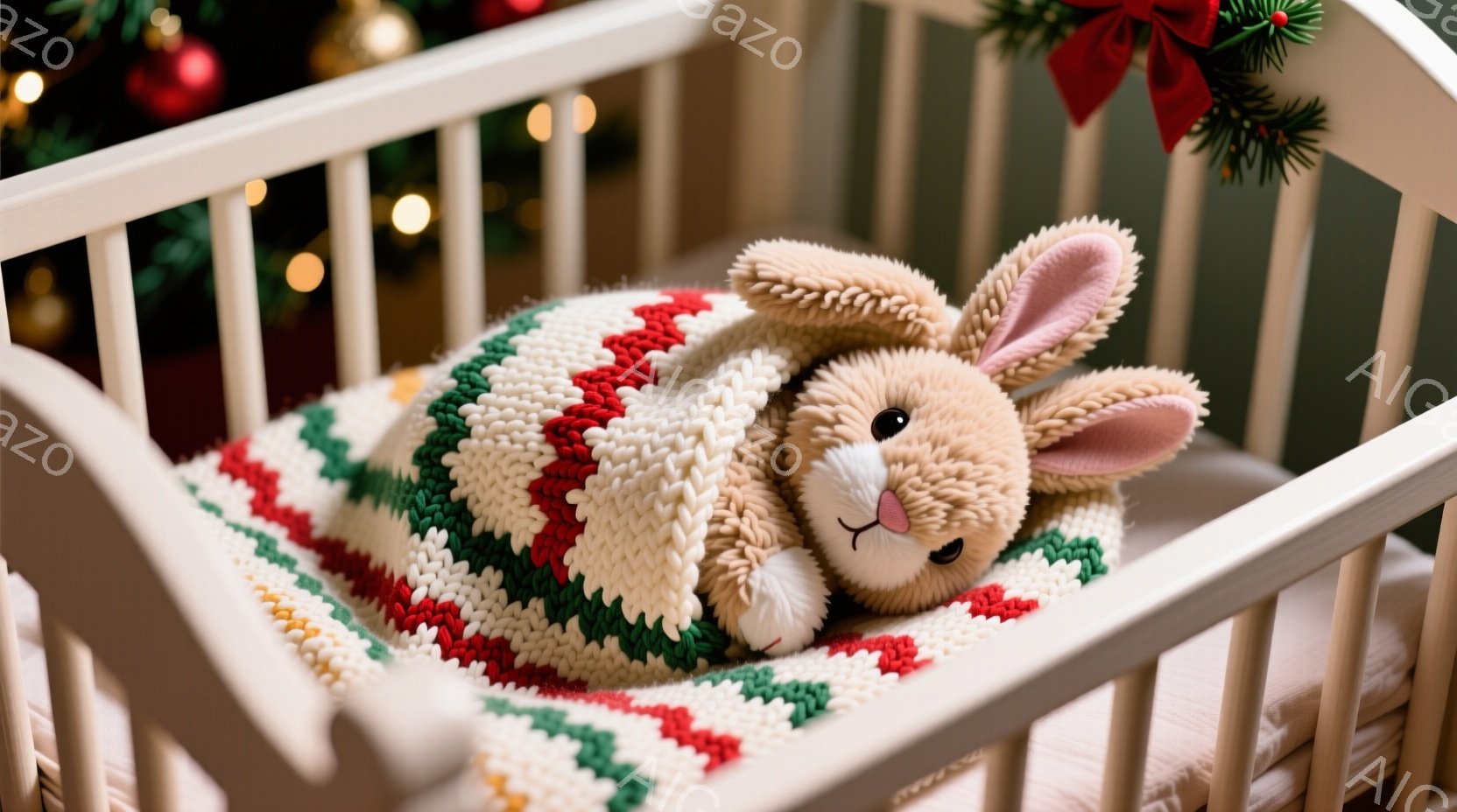 白いベビーベッドの中に、ふわふわの茶色のウサギのぬいぐるみが入っています。ウサギは赤い緑と白のストライプの編み物の毛布に包まれ、リラックスした表情をしています。背景にはぼやけたクリスマスツリーと飾りが見え、温かく、穏やかなクリスマスの雰囲気を醸し出しています。