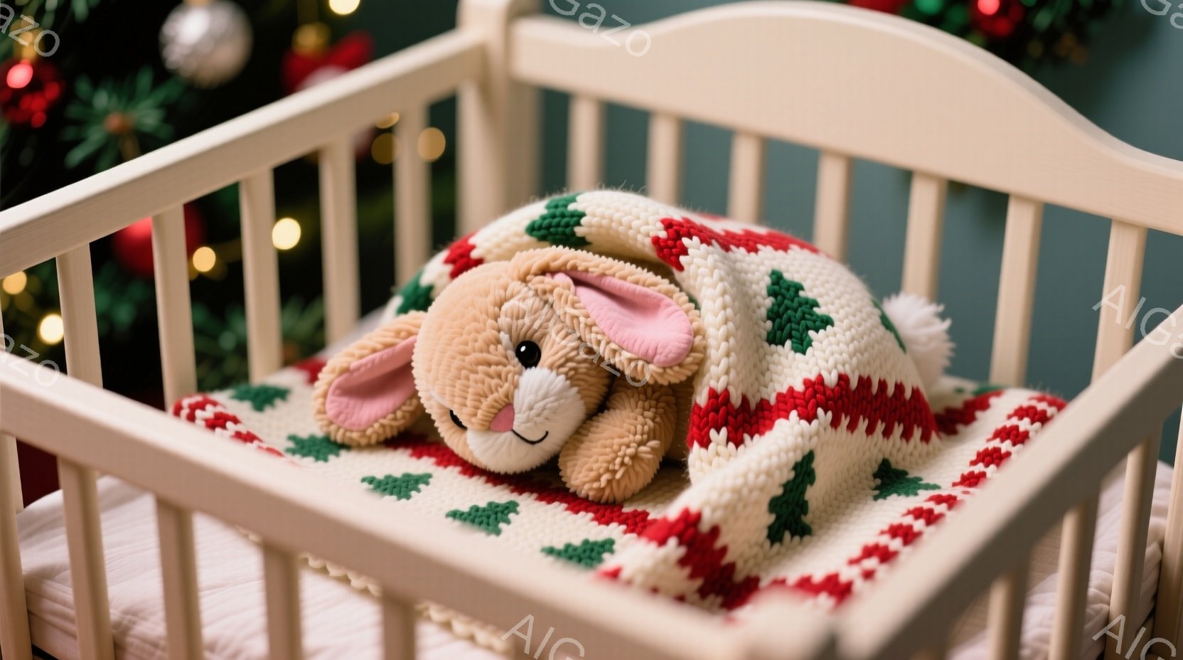 白いベビーベッドの中に、ふわふわの茶色のウサギのぬいぐるみが横たわっています。緑と赤の編み模様のブランケットがウサギを暖かく包み込み、その表情は穏やかで可愛らしいです。背景にはぼやけたクリスマスツリーのライトが見え、全体的に温かく、お祝いムードに満ちた雰囲気が漂っています。