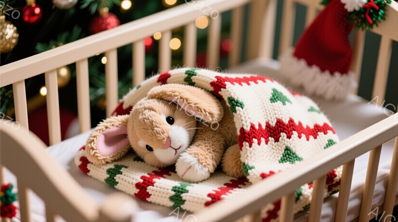 柔らかいクリーム色のぬいぐるみウサギが、クリスマスを意識した緑、赤、白の編み模様の毛布に包まれて、ミニチュアサイズの木製のベビーベッドの中で横たわっています。ウサギは片方の目を少し閉じ、リラックスした表情をしています。背景にはぼやけたクリスマスツリーの飾りが見え、温かく、居心地の良い、お祝いの雰囲気を醸し出しています。