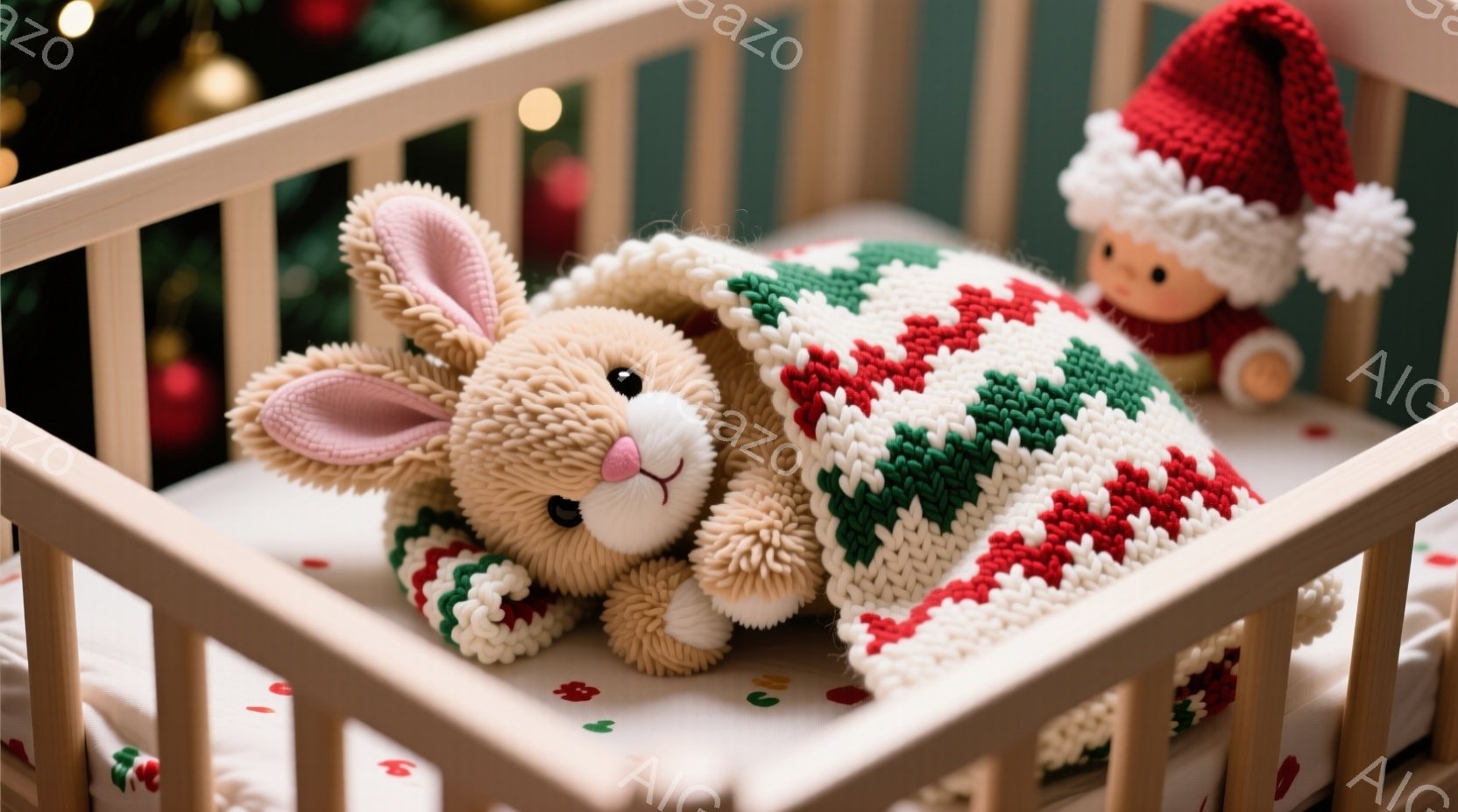 木のベビーベッドの中に、ふわふわのクリーム色のウサギのぬいぐるみが入っています。ウサギは緑と赤の編み込み模様の毛布に包まれており、幸せそうな穏やかな表情をしています。ベッドの背景には、ぼやけたクリスマスツリーと、ウサギの隣にはサンタ帽をかぶった小さな人形が置かれています。