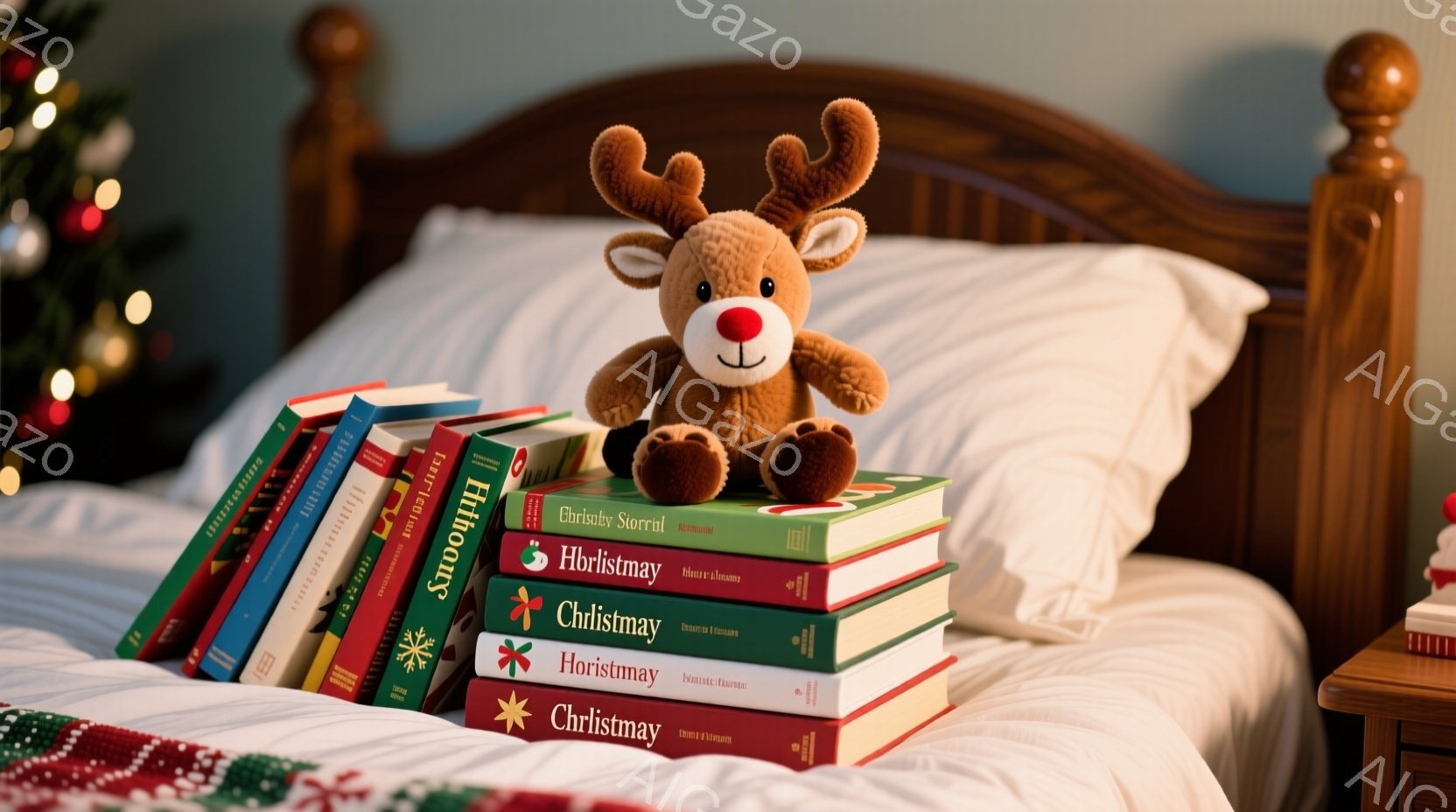 ベッドの上に積み重ねられた本の上に、小さな茶色のトナカイのぬいぐるみがお座りしています。背景にはぼやけたクリスマスツリーの光があり、暖かく居心地の良い雰囲気を醸し出しています。白いシーツと木製のヘッド - AI生成フリー素材