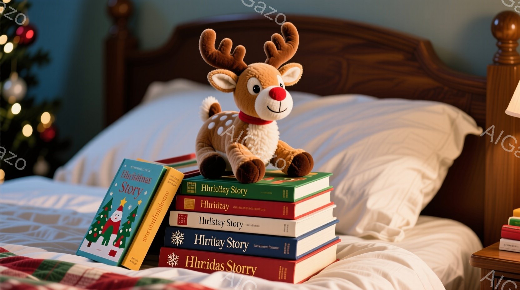 ベッドの上には、積み重ねられた本の上に置かれた、可愛らしい茶色のトナカイのぬいぐるみがあります。背景には、ぼんやりとクリスマスツリーが見え、暖かく、心地よい雰囲気を作り出しています。全体的に、読書やク - AI生成フリー素材