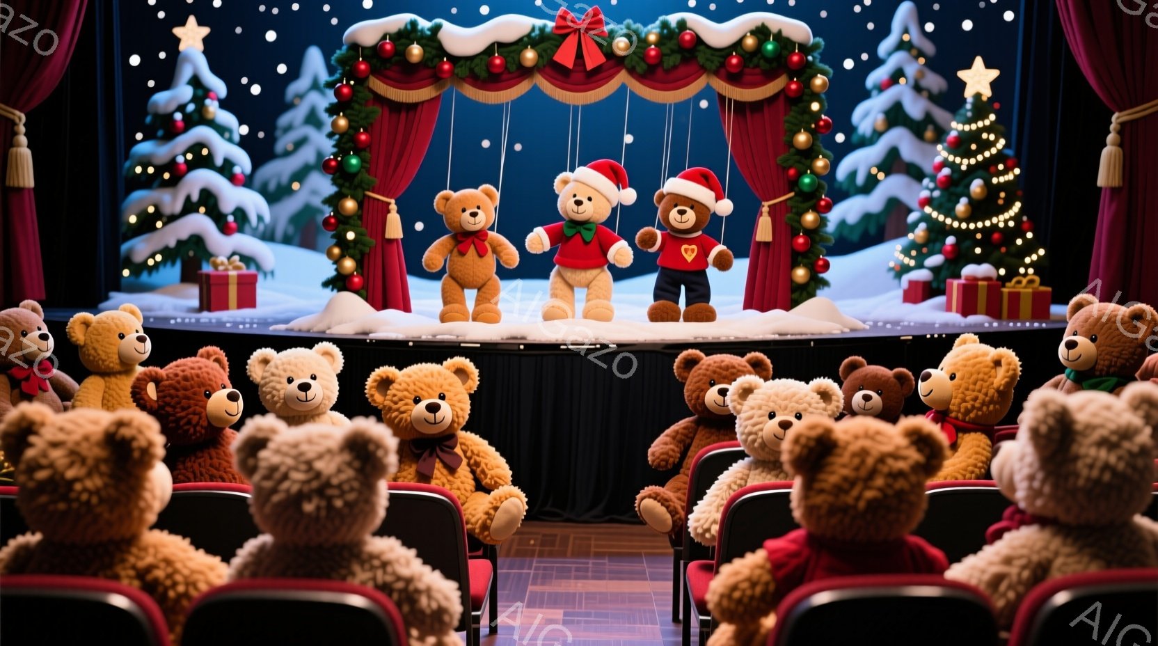 舞台の上には、赤いサンタの帽子をかぶった茶色のテディベアが立っており、もう一匹のテディベアは赤いハートが描かれた白い服を着ています。観客席には、様々な色のテディベアたちが座っており、舞台を見つめています。背景には雪景色とクリスマスツリーがあり、全体的に暖かく、お祝いの雰囲気です。