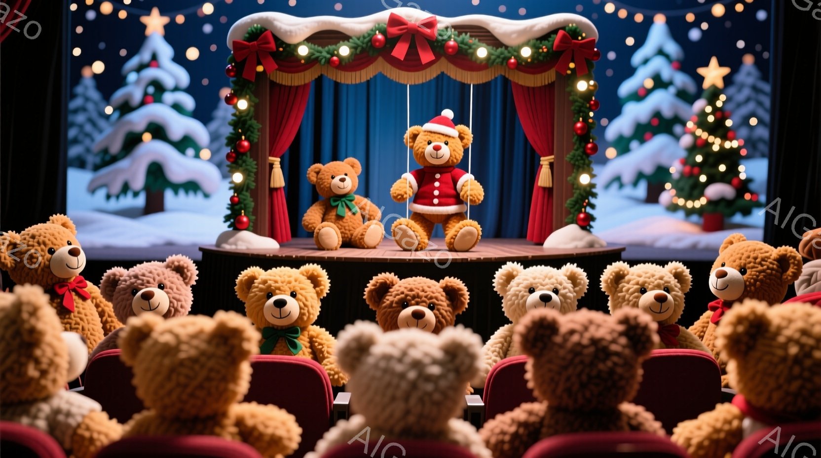 舞台の上には、赤い帽子とベストを着たテディベアが立っており、笑顔で観客を見下ろしています。観客席にはたくさんのテディベアが座っており、皆同じように笑顔で舞台を見つめています。背景には、クリスマスツリー - AI生成フリー素材