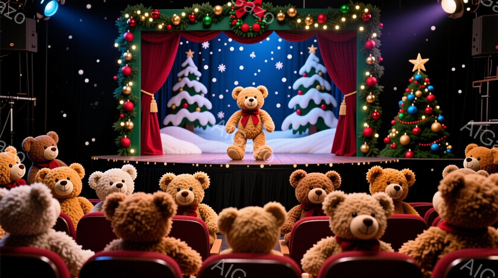 劇場内の赤い客席には、たくさんのテディベアが座っており、舞台にスポットライトが当たっています。舞台上には、より大きなテディベアが立っており、観客席に向かって少し微笑んでいるようです。背景には、雪景色とクリスマスツリーが飾られた華やかな背景があり、全体的に温かく、お祝いムードに包まれています。