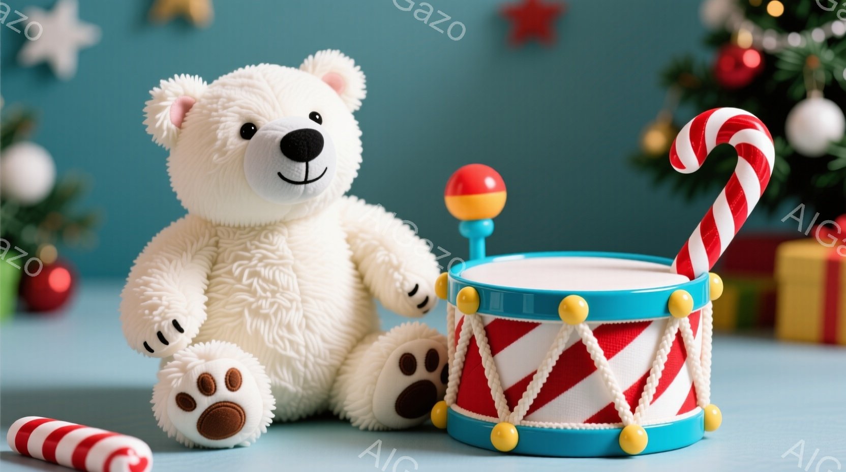 白いテディベアが赤いストライプのドラムと座っており、片方の足元にはキャンディケーンが置かれています。背景は青色で、クリスマスツリーの飾りや他のキャンディケーンが見え、お祝いの雰囲気が漂っています。テデ - AI生成フリー素材
