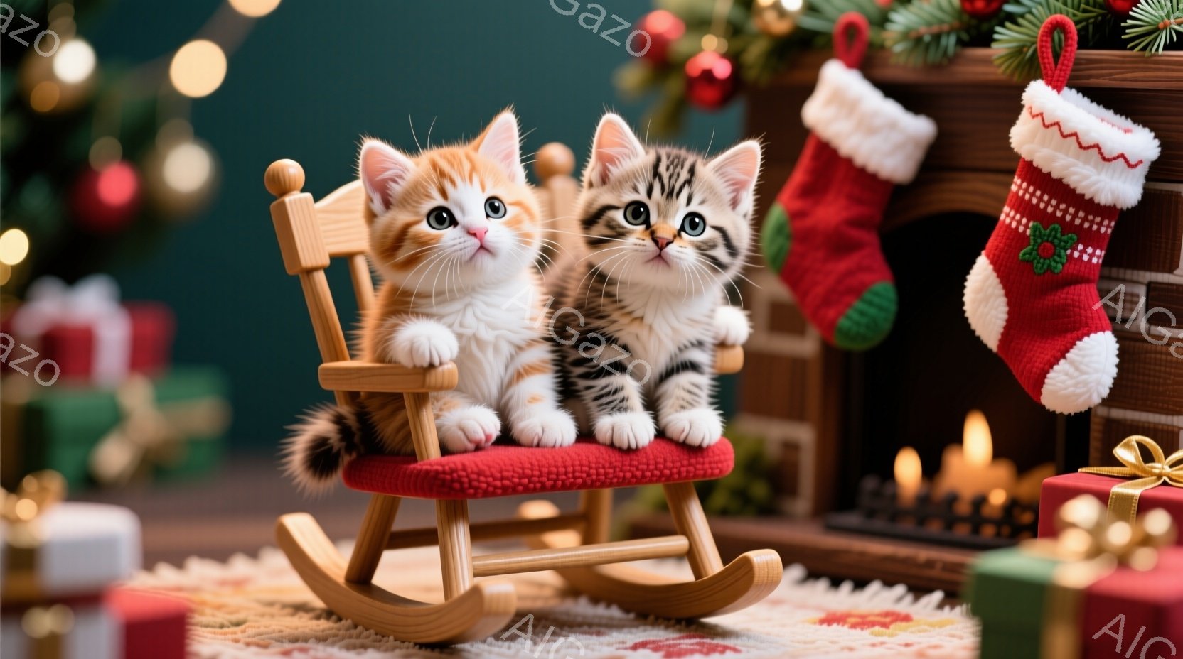 暖炉のそばに、ロッキングチェアに座った2匹の小さな子猫がいます。1匹はオレンジ色、もう1匹は縞模様で、どちらも丸い目でカメラを見つめており、可愛らしい表情をしています。背景にはクリスマスツリーやプレゼント、暖炉があり、温かく、お祝いの雰囲気が漂っています。