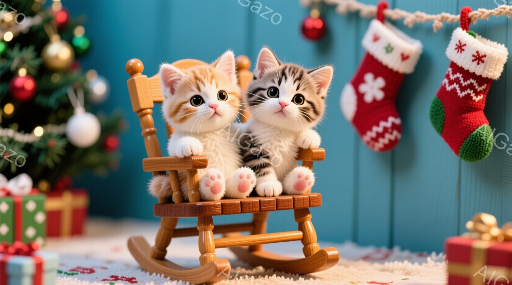鮮やかなクリスマスを背景に、2匹の小さな子猫がロッキングチェアに座っています。一匹はオレンジと白のトラ柄、もう一匹はグレーと白のトラ柄で、どちらも大きな瞳でこちらを見ています。ロッキングチェアの周りにはプレゼントボックスやクリスマスソックスが置かれ、温かくお祝いムードに満ちた雰囲気です。
