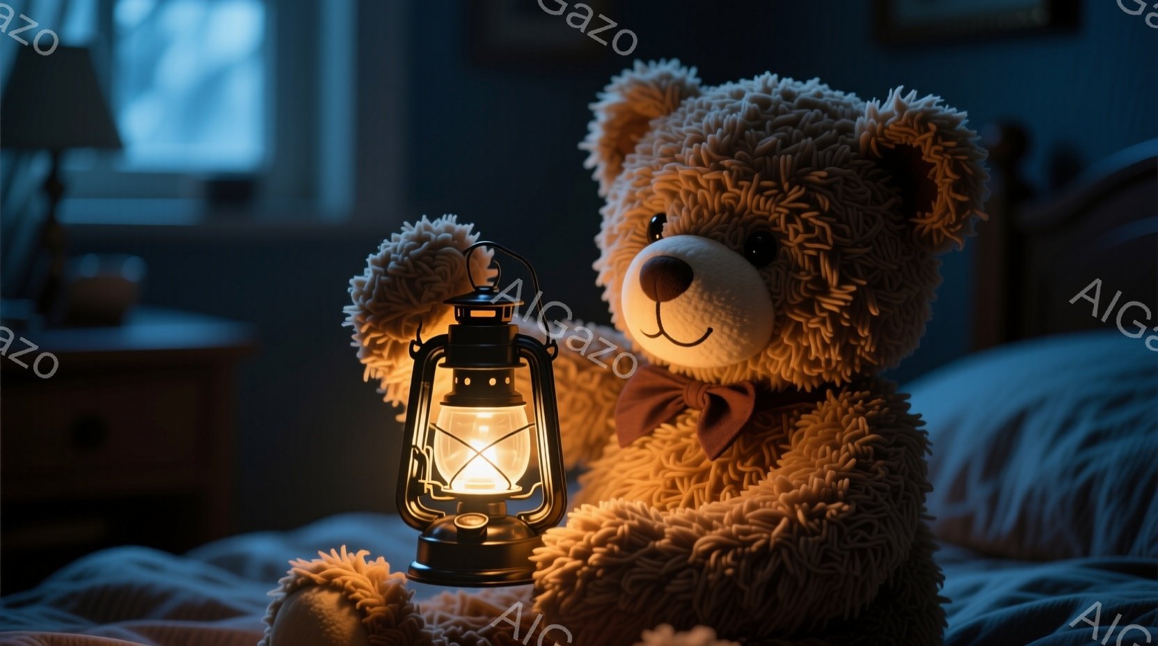 茶色のふわふわしたテディベアが、暖色のランタンを片手に持っている。ベアは茶色のリボンを首に結び、穏やかな表情で正面を見ている。背景は暗く、ぼやけた寝室で、暖炉と窓が見える。