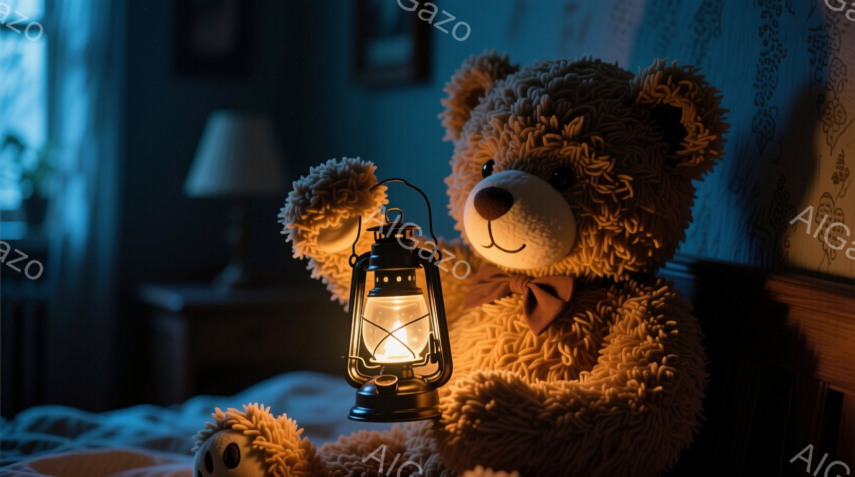ふわふわの茶色のテディベアがベッドに座り、手に小さなオイルランタンを持っています。ランタンの光は暗闇の中で暖かく輝き、ベアの優しい表情を照らしています。背景はぼやけていますが、ベッドのヘッドボードと暗 - AI生成フリー素材