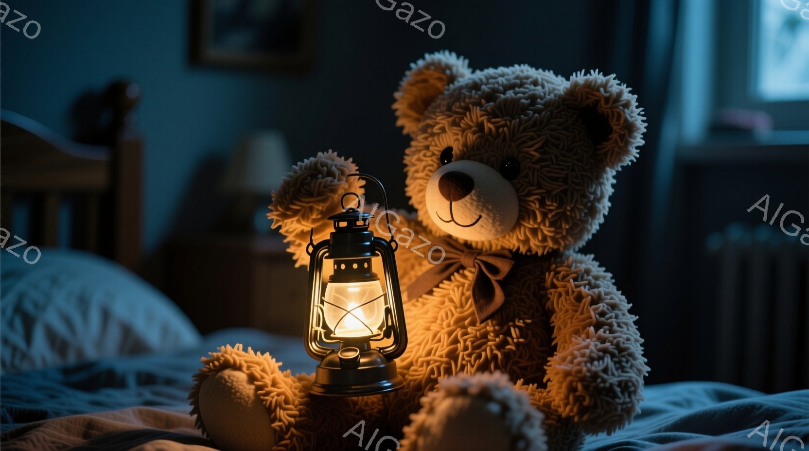 ふわふわの茶色のテディベアがベッドに座り、小さなオイルランプを持っています。ベアは濃い茶色のリボンで結ばれており、穏やかな表情をしています。背景は暗い部屋で、ぼやけた家具が見え、オイルランプの温かい光が心地よい雰囲気を作り出しています。
