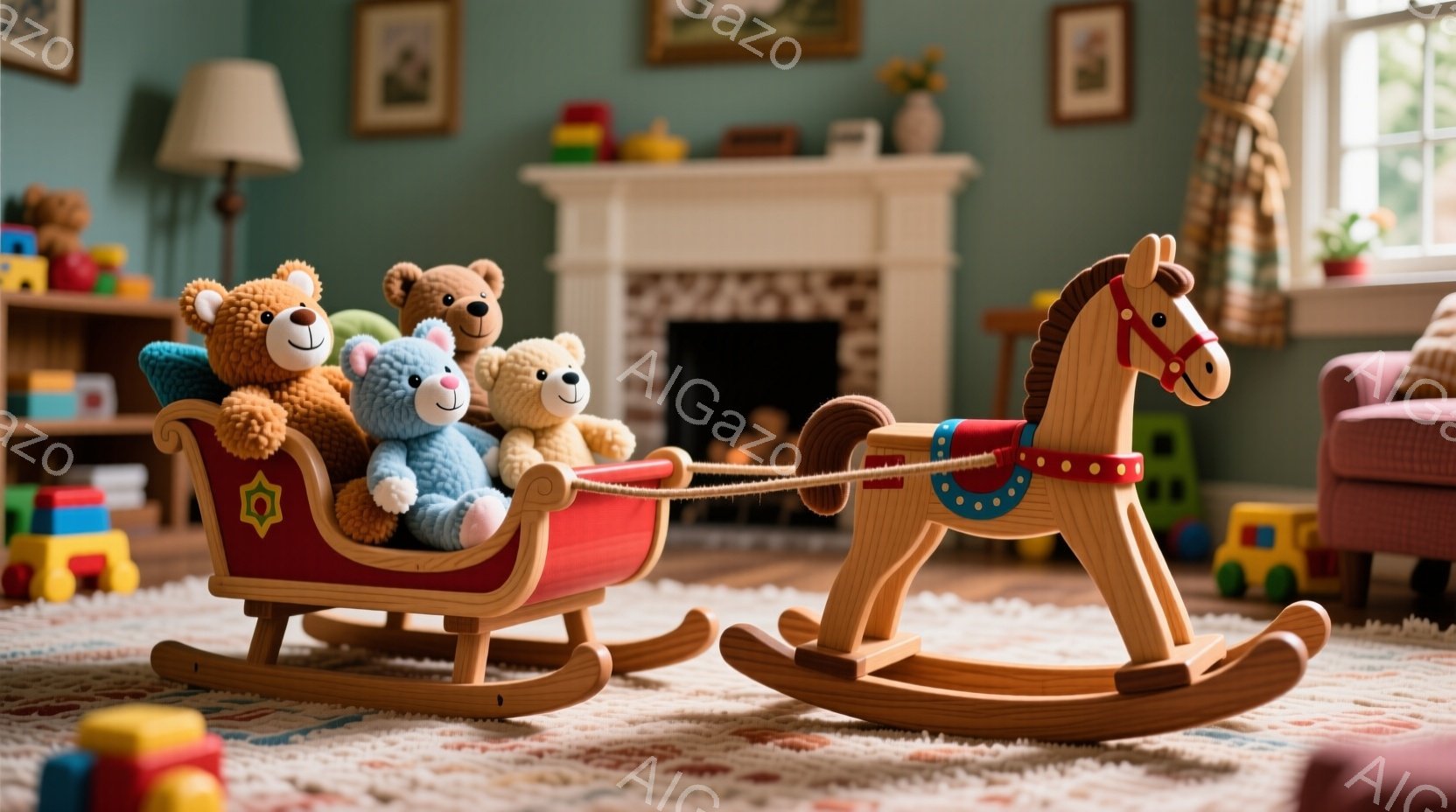 鮮やかな赤いソリと木製のロッキングホースが、ベージュ色のカーペットの上に並んで配置されています。ソリには、３匹のテディベアが座っており、楽しそうな表情をしています。背景には暖炉や本棚が見え、柔らかく温 - AI生成フリー素材
