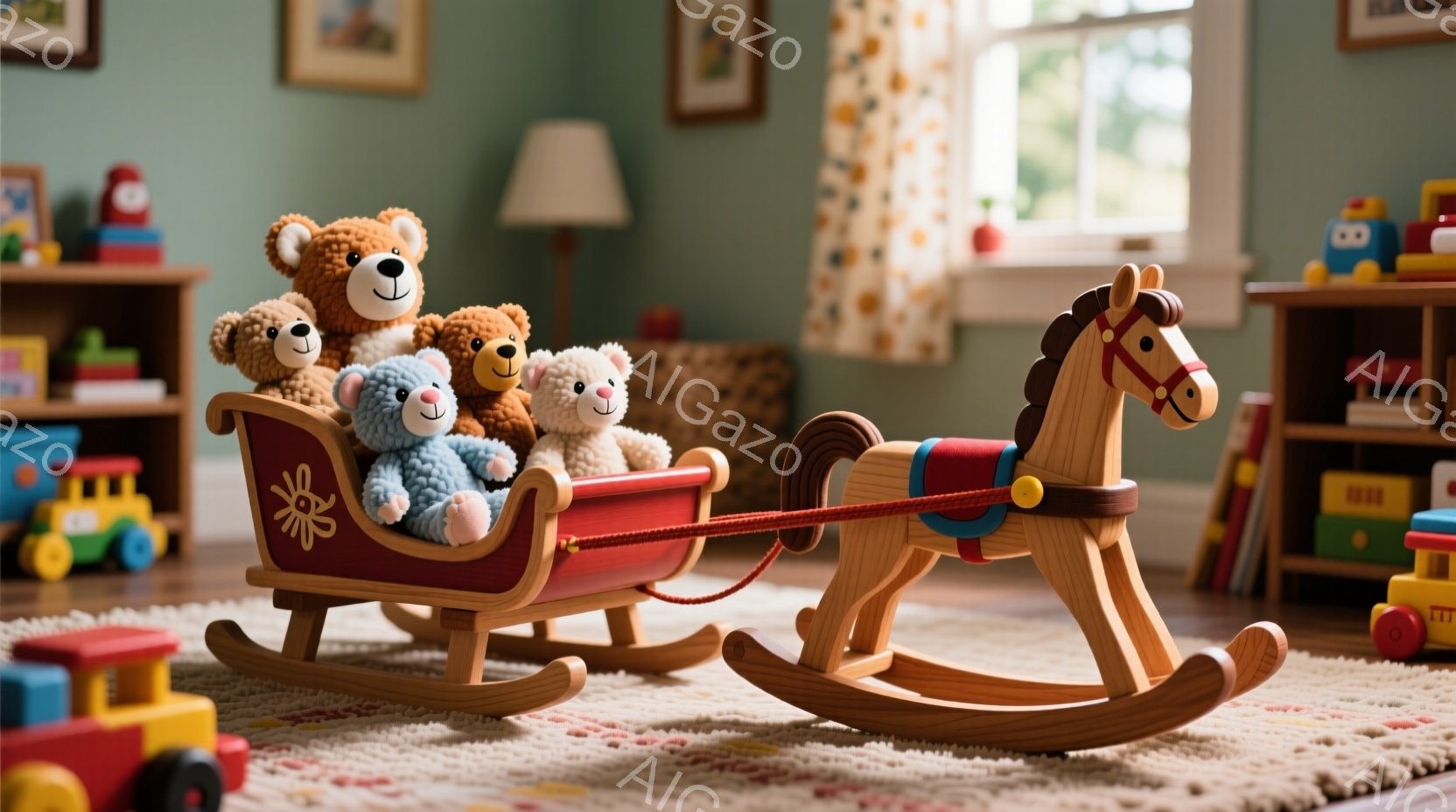 鮮やかな遊戯室で、ロッキングホースに赤いそりが結び付けられ、中に複数のテディベアが座っています。背景にはおもちゃが並んだ棚と、窓から差し込む柔らかな光があり、暖かく、遊び心に満ちた雰囲気を醸し出しています。全体的に、子供時代の思い出や温かい家庭の情景を想起させる、穏やかで心地よいイメージです。