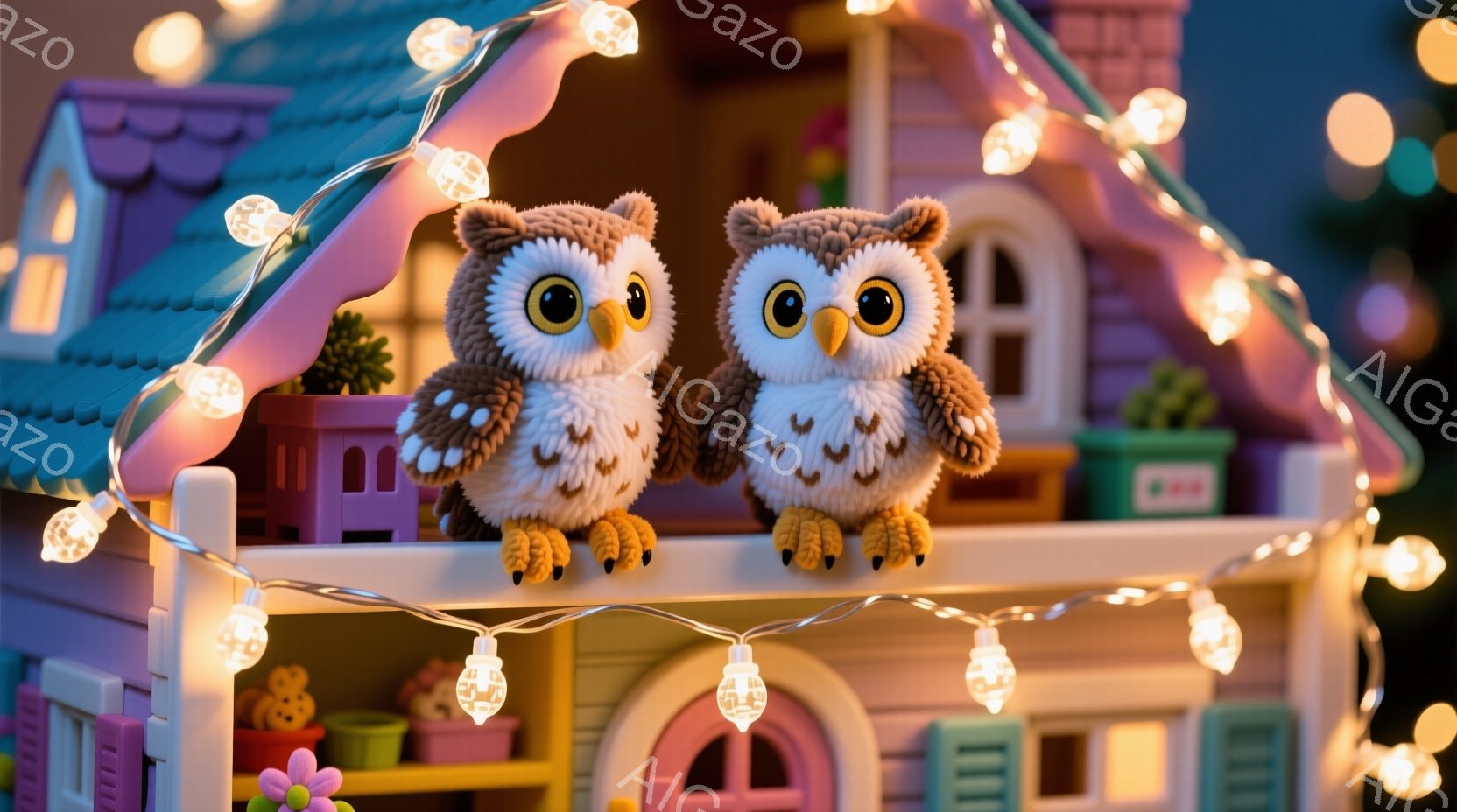ふわふわのフクロウの置物が、ピンクと水色の可愛らしい家の屋根の上に並んで座っています。周囲にはきらめく電飾が飾られ、家の窓辺には小さな鉢植えが置かれ、暖かく幻想的な雰囲気を醸し出しています。全体的に、柔らかい色合いと可愛らしいキャラクターが組み合わさり、夢のような世界観を作り出しています。