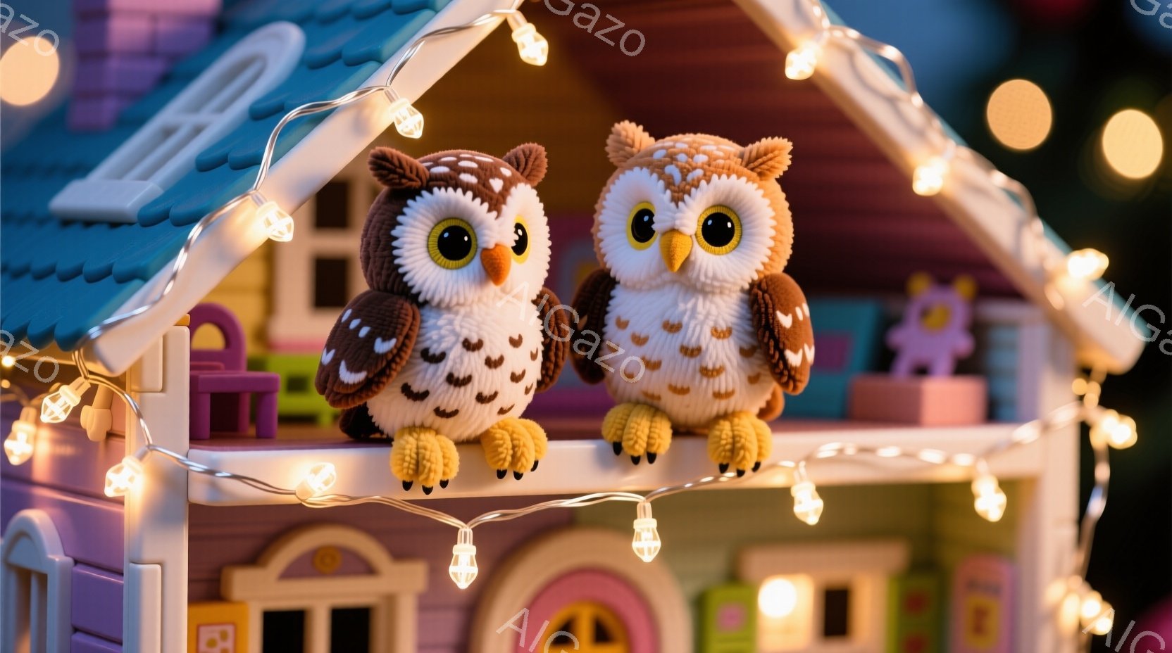 ふわふわのフクロウのぬいぐるみ2匹が、おもちゃのような家の屋根の上に並んで座っています。背景にはカラフルなプラスチック製の家が続き、暖かい光のイルミネーションが屋根を飾っています。全体的に、可愛らしく、温かみのある、お祭りや遊び心を感じさせる雰囲気です。