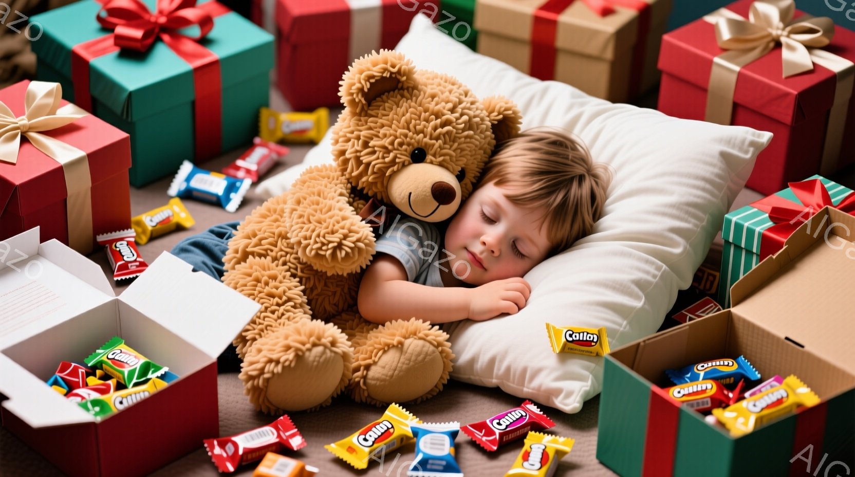 小さな男の子が白い枕に頭を預け、大きなテディベアを抱きかかえて眠っています。周りにはカラフルな包装紙で包まれたプレゼントの箱や、お菓子の包装紙が散らばっており、開けられた段ボール箱もいくつか見えます。 - AI生成フリー素材