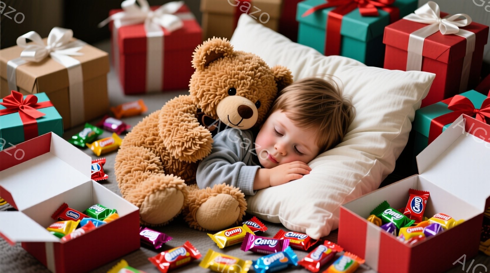 小さな男の子が、白い枕に頭を乗せて眠っています。周りには開いた赤いギフトボックスからこぼれ出したキャンディや、大きなテディベアが置かれており、プレゼントに囲まれた幸せな雰囲気が漂っています。背景には他 - AI生成フリー素材