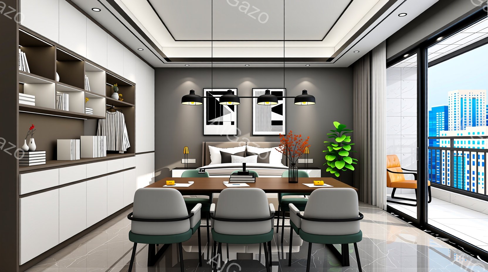 明るい日差しが差し込む、モダンなダイニングルームとベッドルームが一体になった空間です。木製のダイニングテーブルには、まだ誰も座っておらず、テーブルの上には書類と飲み物が置かれています。大きな窓からは高層ビル群が見え、都会的で洗練された雰囲気を醸し出しています。