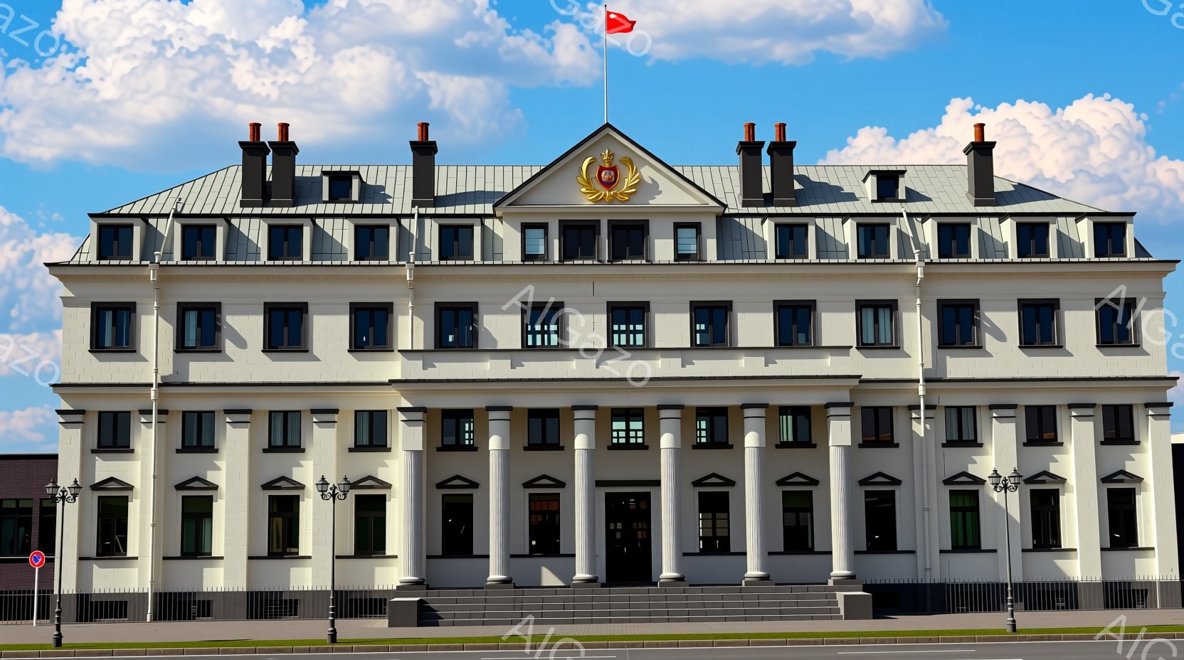 白い柱が並ぶ荘厳な建物が写っており、屋上には複数の煙突が並んでいます。建物の正面には階段があり、その上には何らかの紋章が飾られています。青空と白い雲が背景に広がり、晴天の下、建物が際立って見えます。