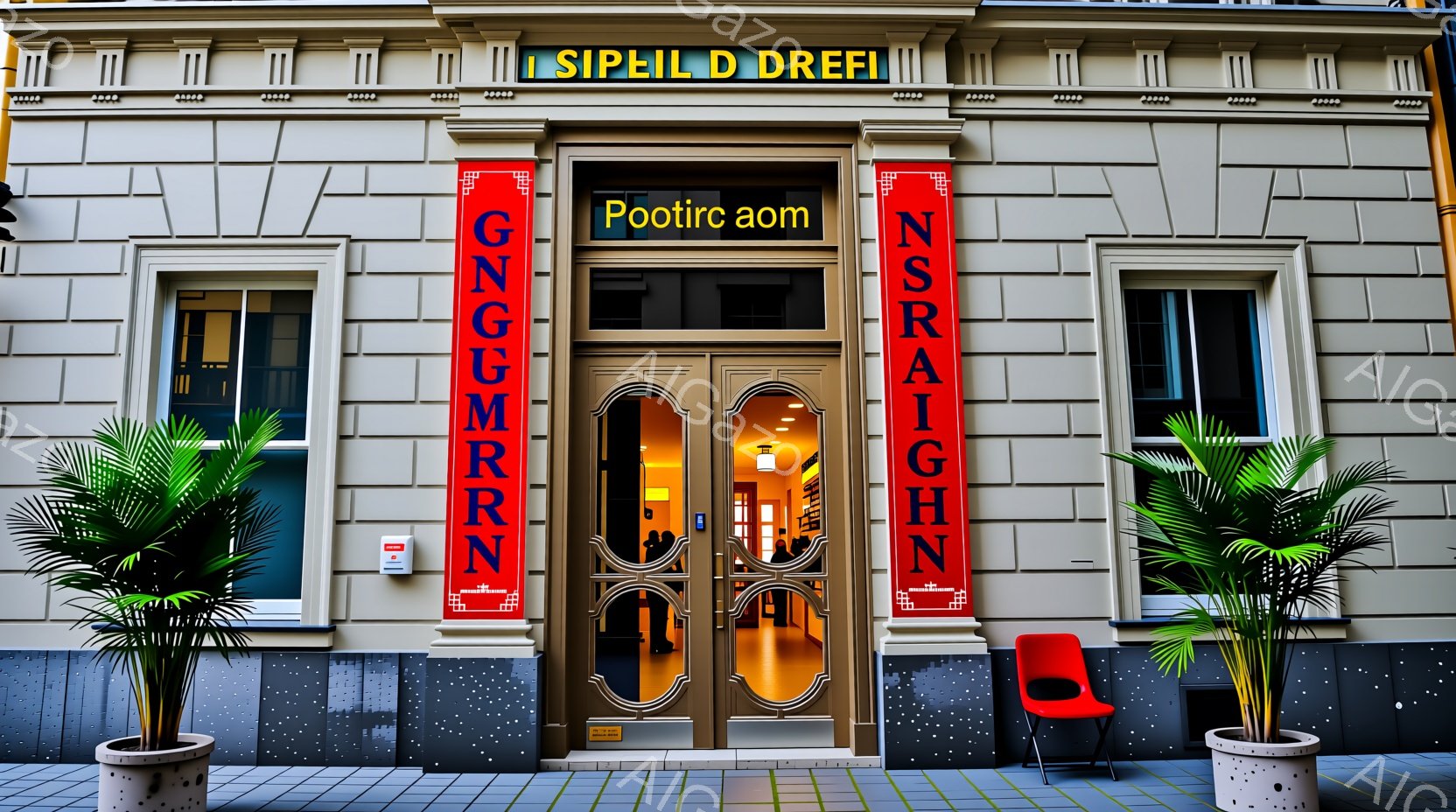 灰色の建物正面に、赤い装飾が施されたエントランスがあり、入り口には「SIBAILDREE」と書かれた看板が掲げられています。エントランスの両脇には、鉢植えの大きなヤシの木が置かれ、建物正面の青いタイルと鉢の模様がアクセントになっています。全体として、明るく洗練された雰囲気で、高級感と自然の美しさが調和しています。