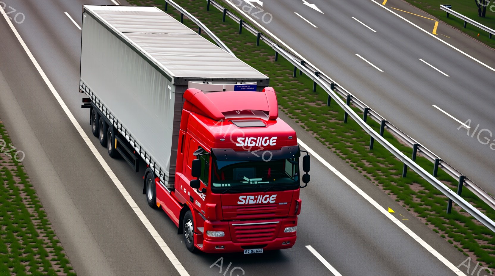 真っ赤な大型トラックが高速道路を走っている様子が捉えられています。トラックの側面に「SIGILGE」というロゴが大きく書かれており、貨物を運んでいることがわかります。背景には緑の草原と道路の白線が広がり、晴天の下、速度感のあるシーンが展開されています。