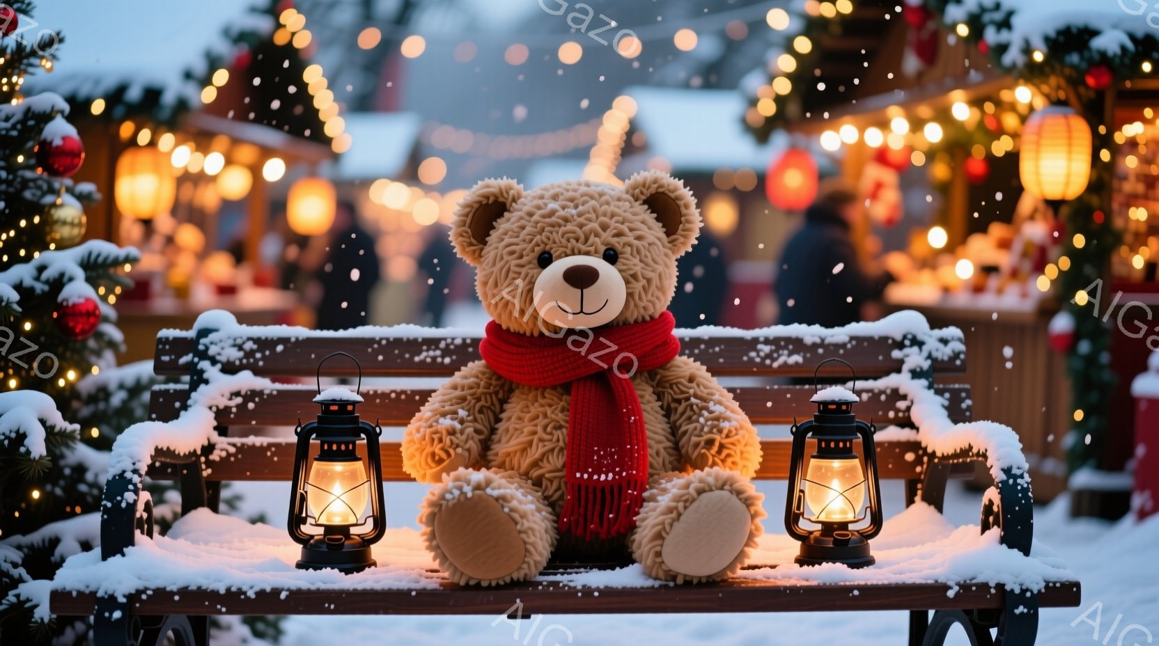 ふわふわの茶色のテディベアが、雪で覆われた木製のベンチに座っています。赤いマフラーを巻いており、ベンチの左右には明かりが灯ったランタンが置かれています。背景にはクリスマスマーケットのような賑やかな光景 - AI生成フリー素材