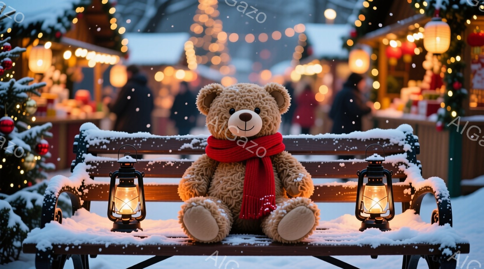 ふわふわの茶色のテディベアが、雪で覆われたベンチに座っています。赤いマフラーを巻いており、優しい表情をしています。背景には、クリスマスマーケットのような賑やかな風景が広がり、雪が降り積もる幻想的な雰囲気です。