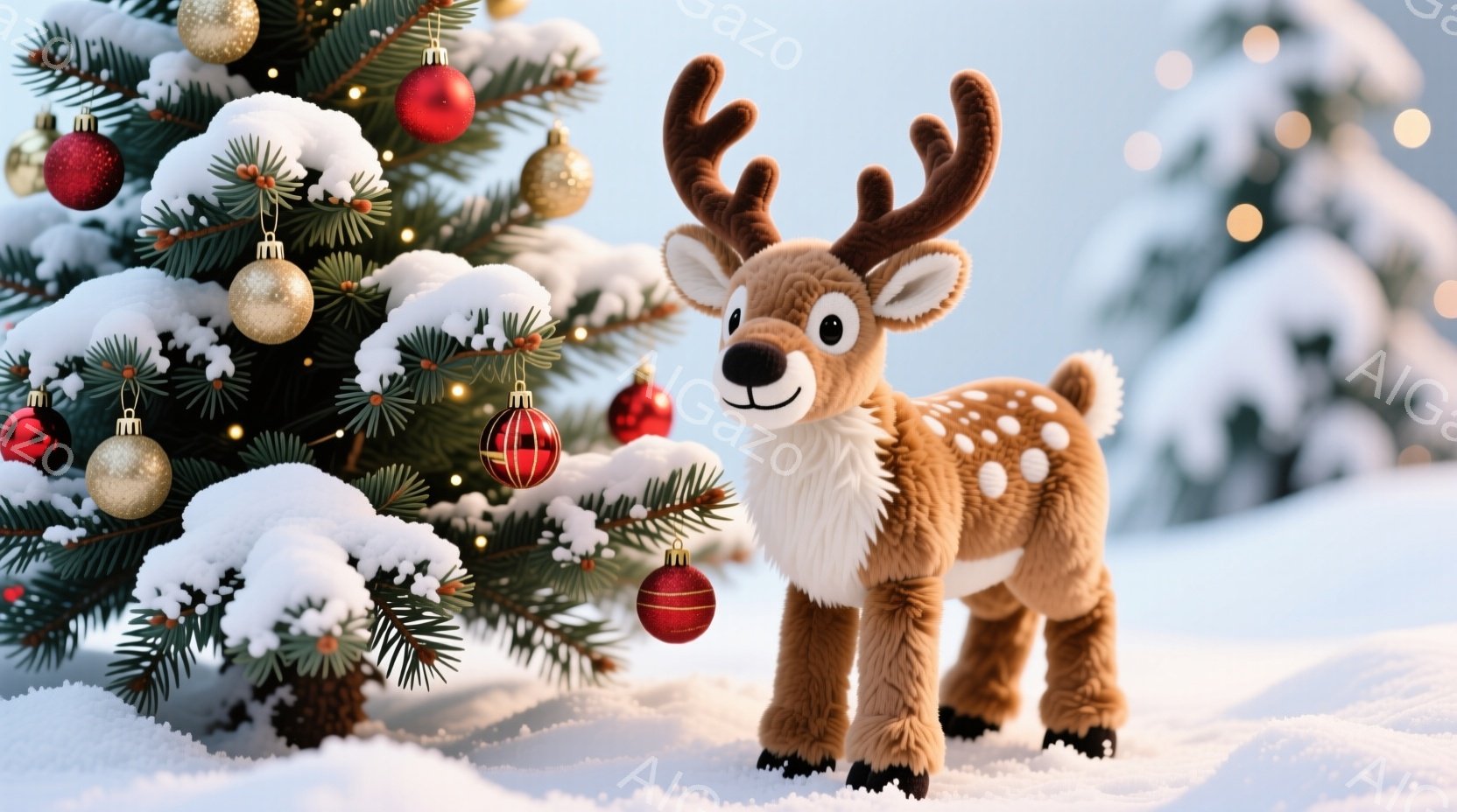 白い雪景色の中に、クリスマスの飾り付けがされたモミの木と、愛らしい子鹿が立っています。子鹿は茶色の毛並みで、大きな瞳と優しい表情をしており、雪の上に堂々と立っています。背景は雪に覆われた風景で、全体的 - AI生成フリー素材