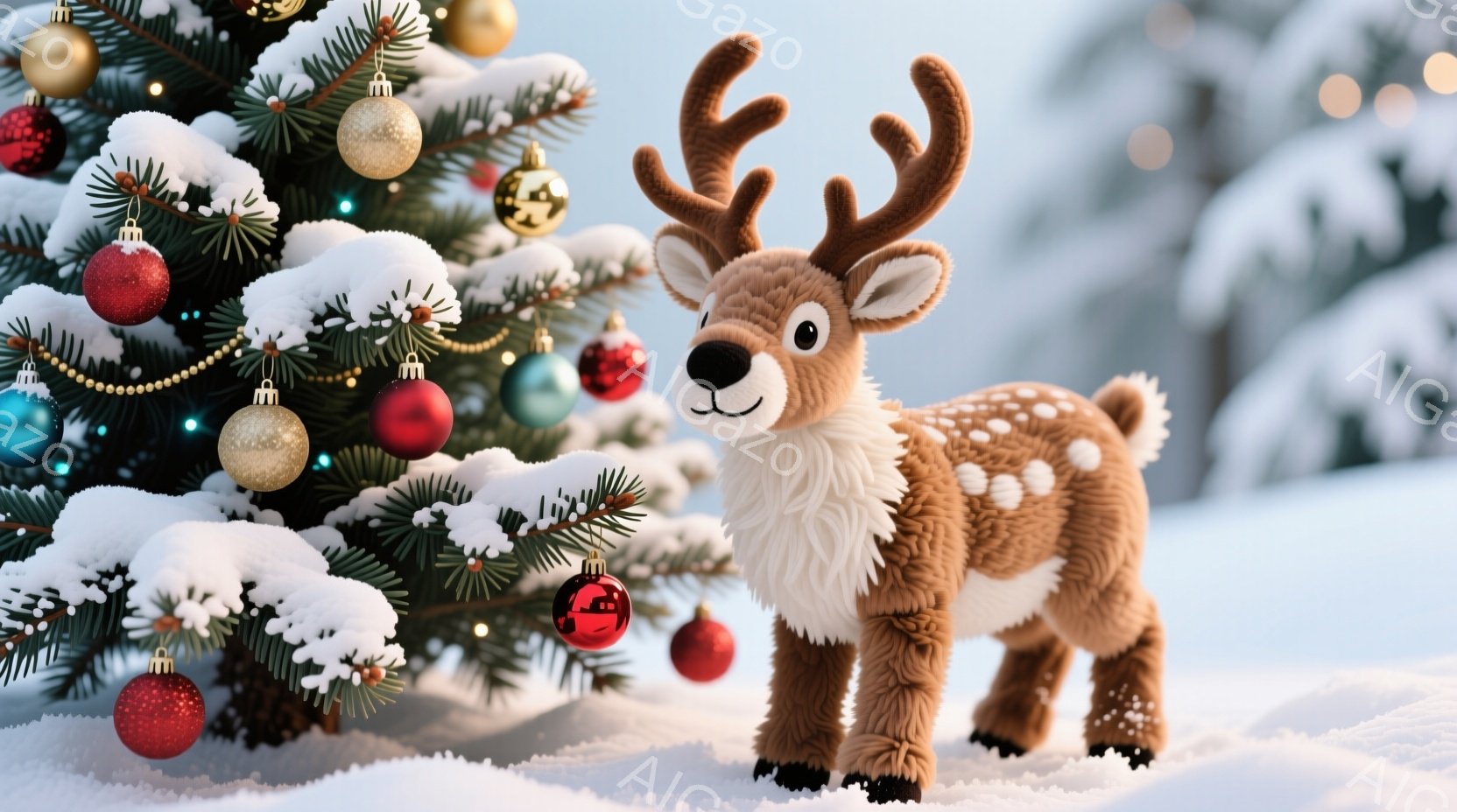 雪に覆われた背景に、愛らしいシカの置物が立っています。シカは茶色い体に白い斑点があり、大きな角と優しい表情をしています。クリスマスの飾り付けがされたモミの木が背景にあり、冬の暖かい雰囲気を醸し出しています。