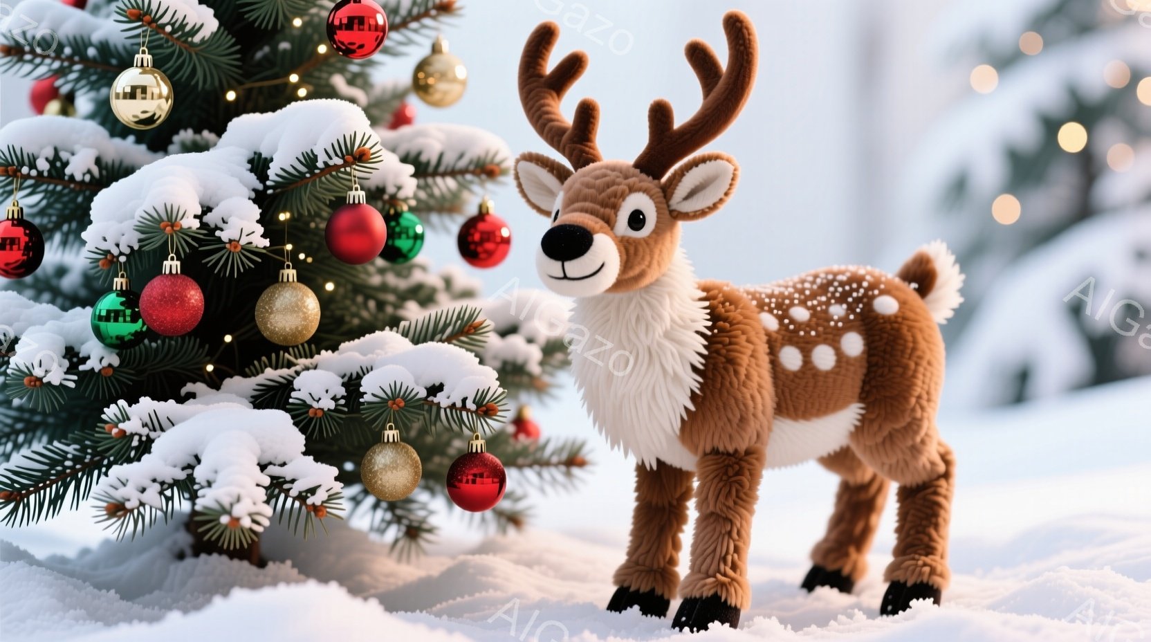 雪に覆われた背景に、愛らしい子鹿が立っています。子鹿は茶色と白の斑点模様の毛並みで覆われ、角が生えており、つややかな黒い蹄を持っています。背景には雪を被ったクリスマスツリーがあり、赤や金色のオーナメントで飾られ、温かく、お祝いの雰囲気が漂っています。