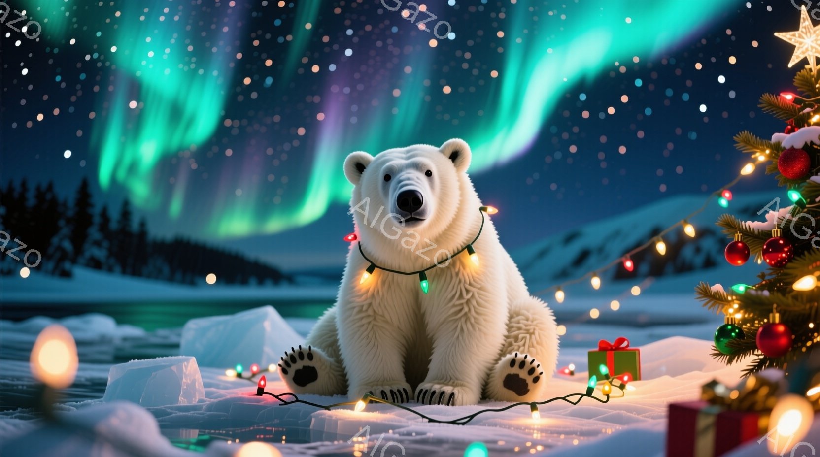 白いホッキョクグマが雪景色の中で座っており、クリスマスライトを首に巻き付けています。背景にはオーロラが輝き、雪の上にクリスマスツリーやプレゼントの箱が置かれています。 全体的に、暖かく、お祝いムードに - AI生成フリー素材